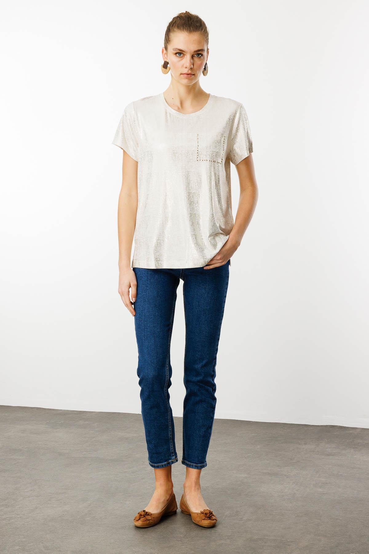 25856Kadın Sıfır Yaka Düşük Kollu Bluz Beyaz