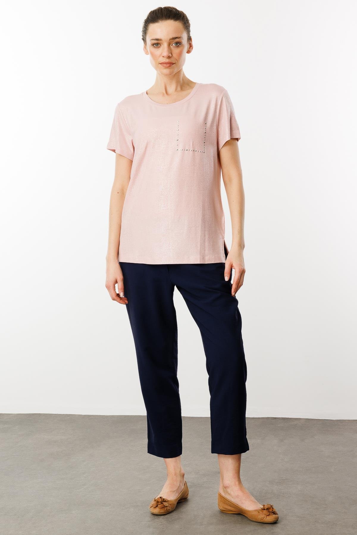 25856Kadın Sıfır Yaka Düşük Kollu Bluz Pudra