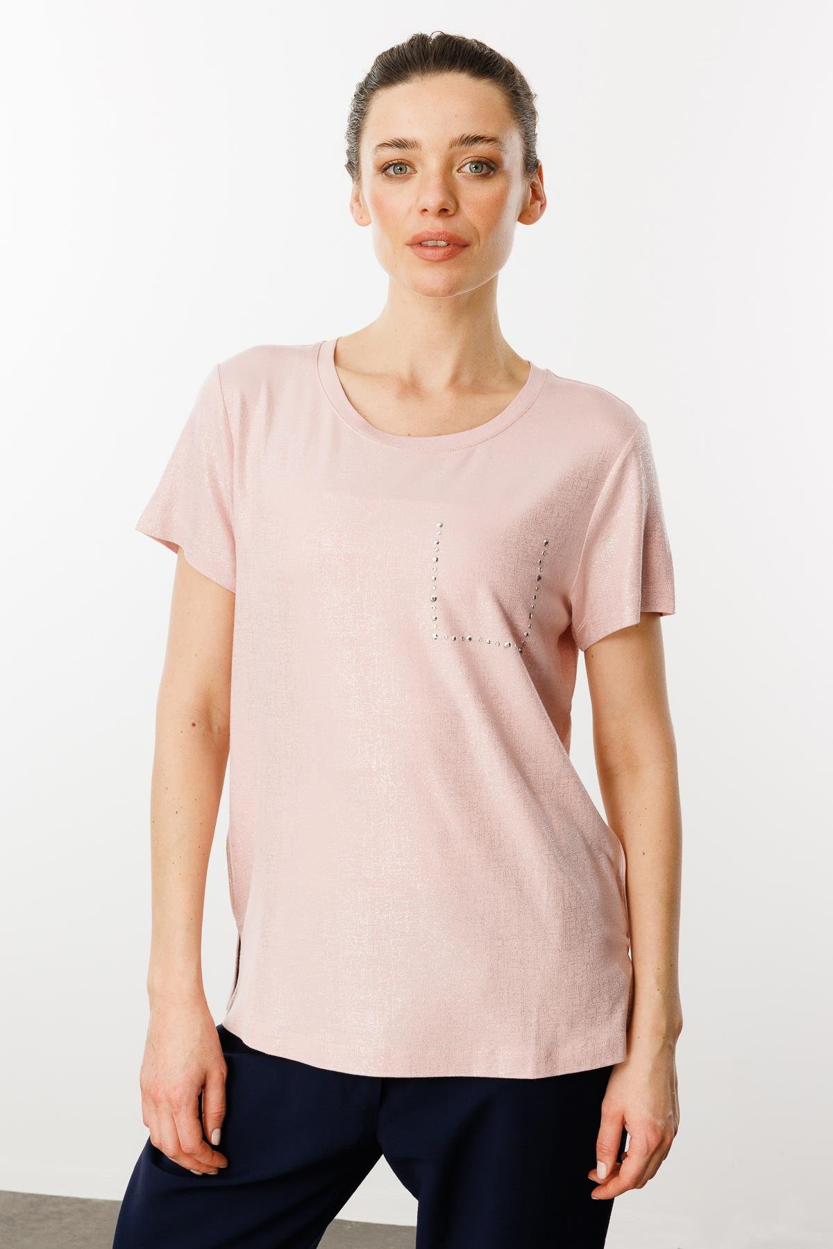 25856Kadın Sıfır Yaka Düşük Kollu Bluz Pudra