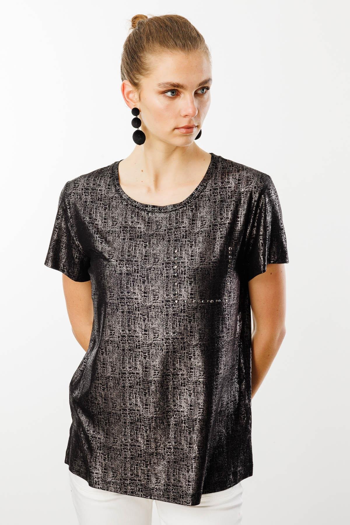 25856Kadın Sıfır Yaka Düşük Kollu Bluz Siyah