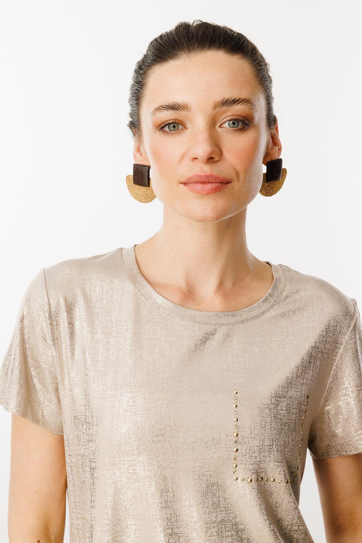 25856Kadın Sıfır Yaka Düşük Kollu Bluz Vizon