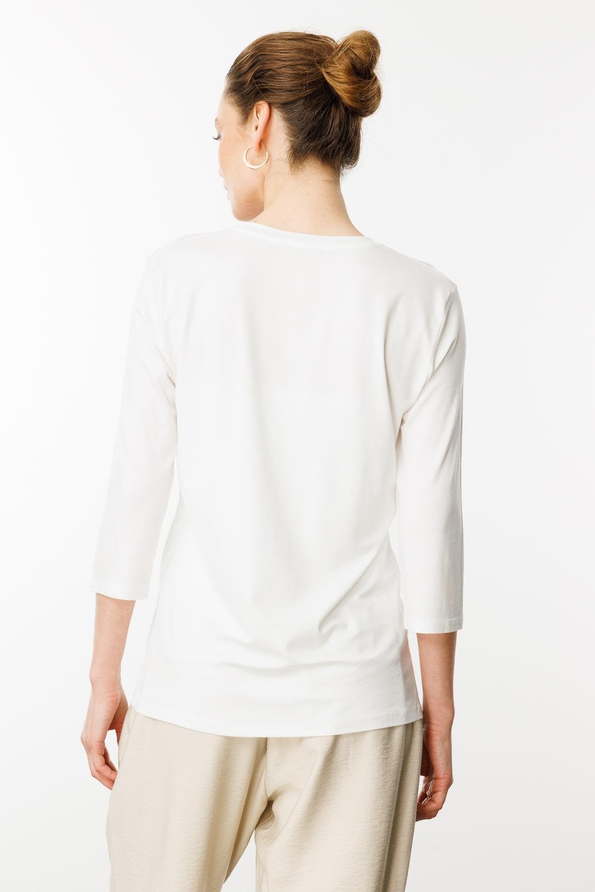 23790Kadın Sıfır Yaka Düz Penye Bluz Ekru