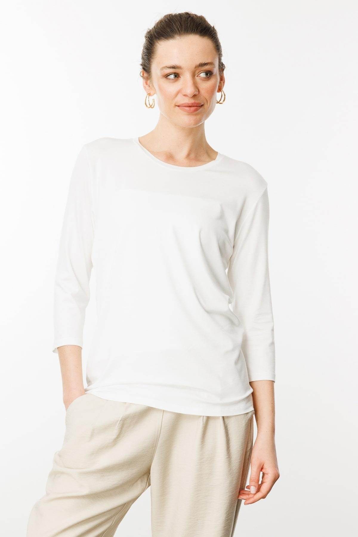 23790Kadın Sıfır Yaka Düz Penye Bluz Ekru
