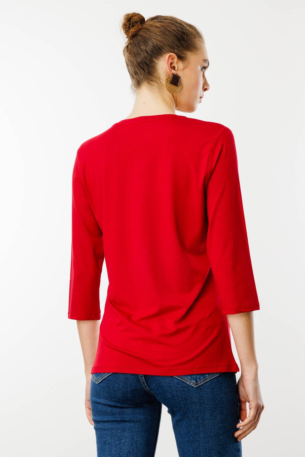 23790Kadın Sıfır Yaka Düz Penye Bluz Kırmızı