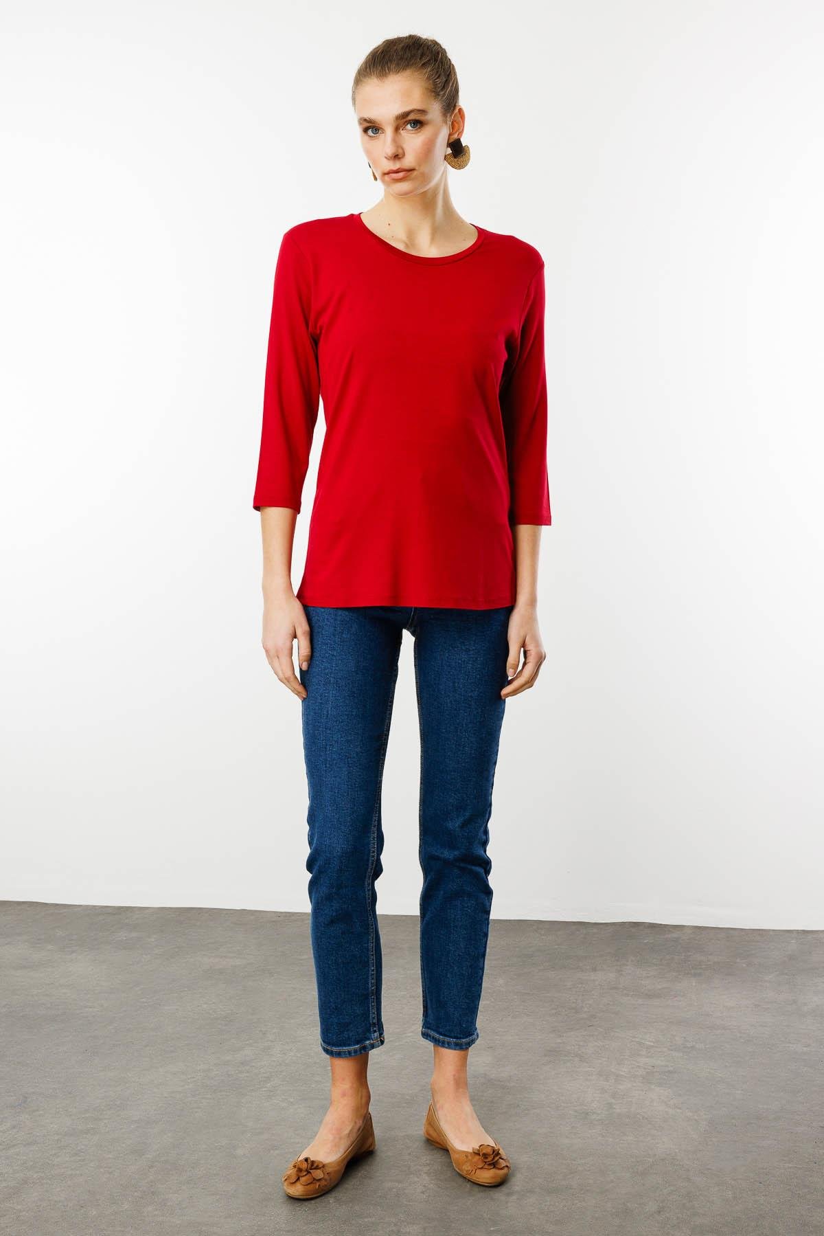 23790Kadın Sıfır Yaka Düz Penye Bluz Kırmızı