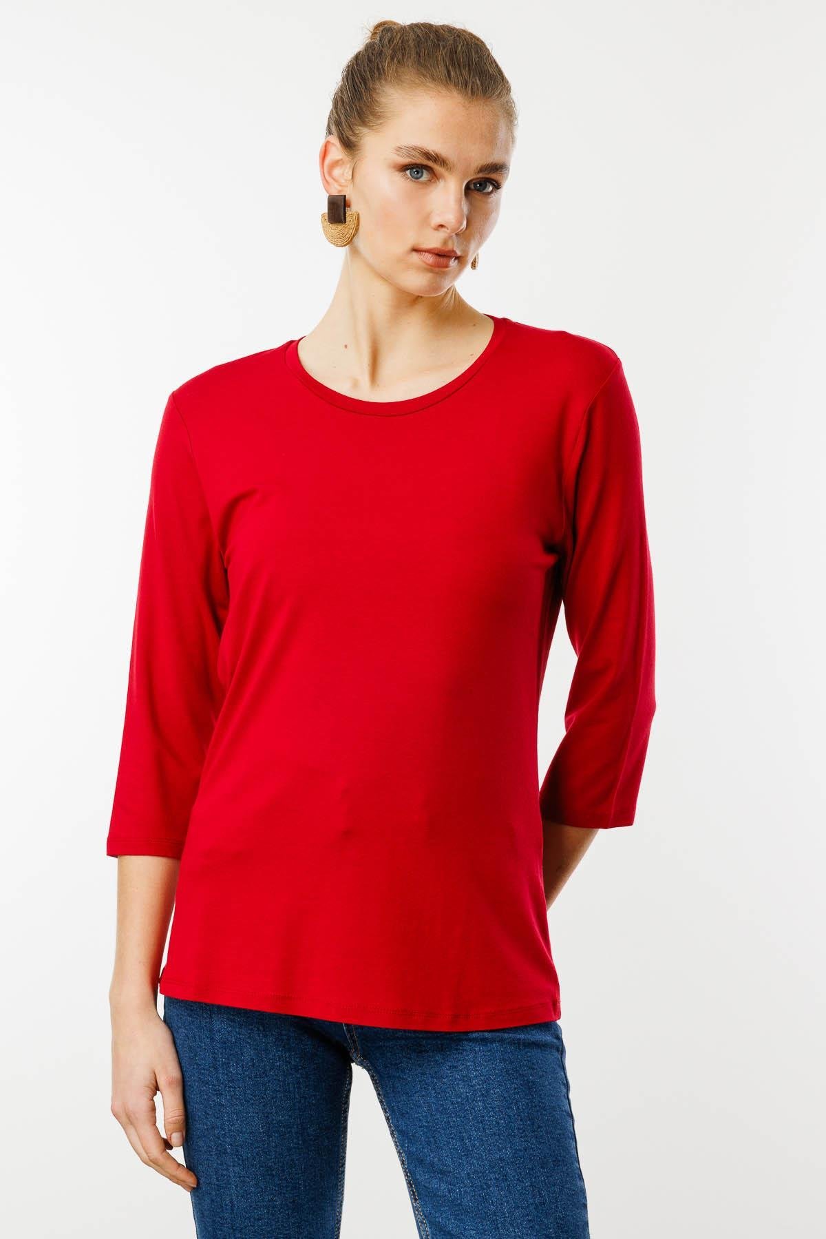 23790Kadın Sıfır Yaka Düz Penye Bluz Kırmızı