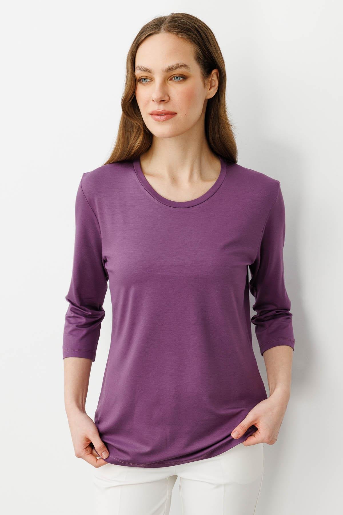 23790Kadın Sıfır Yaka Düz Penye Bluz Lila