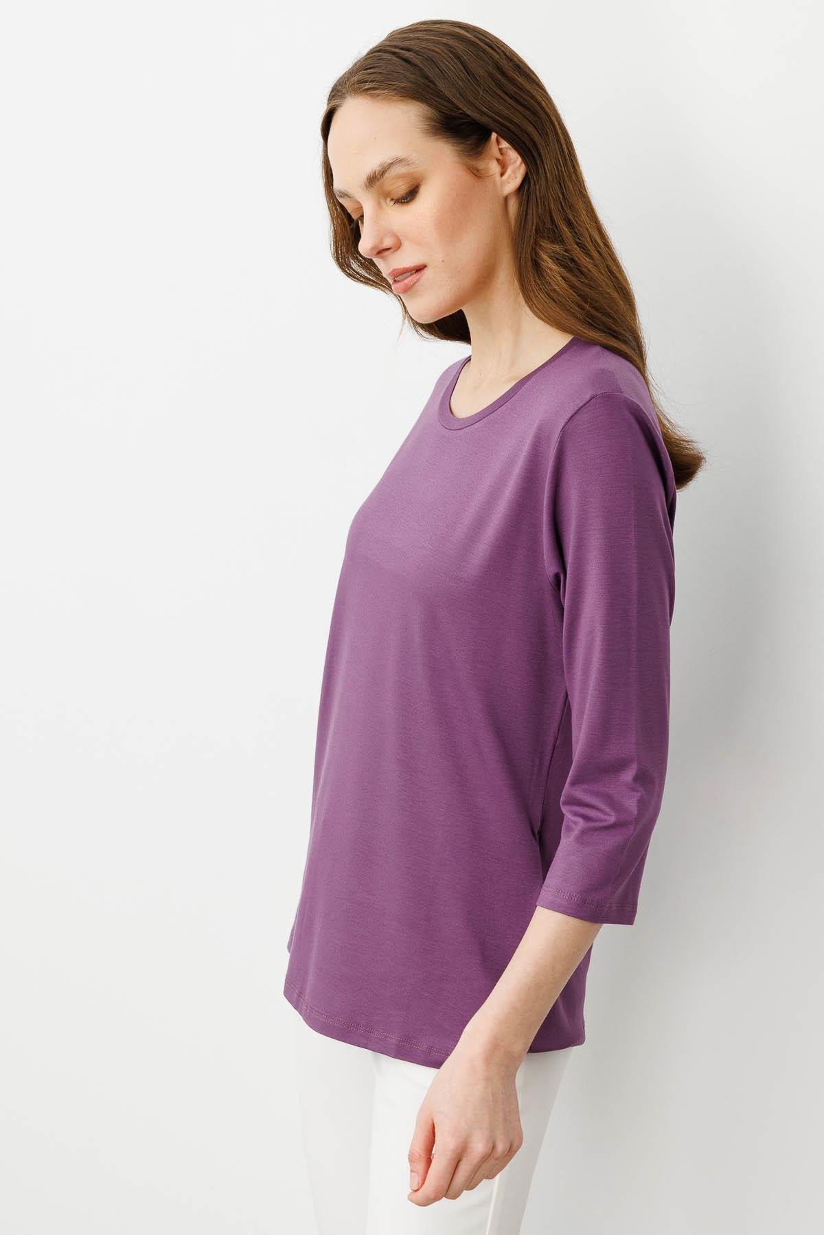 23790Kadın Sıfır Yaka Düz Penye Bluz Lila