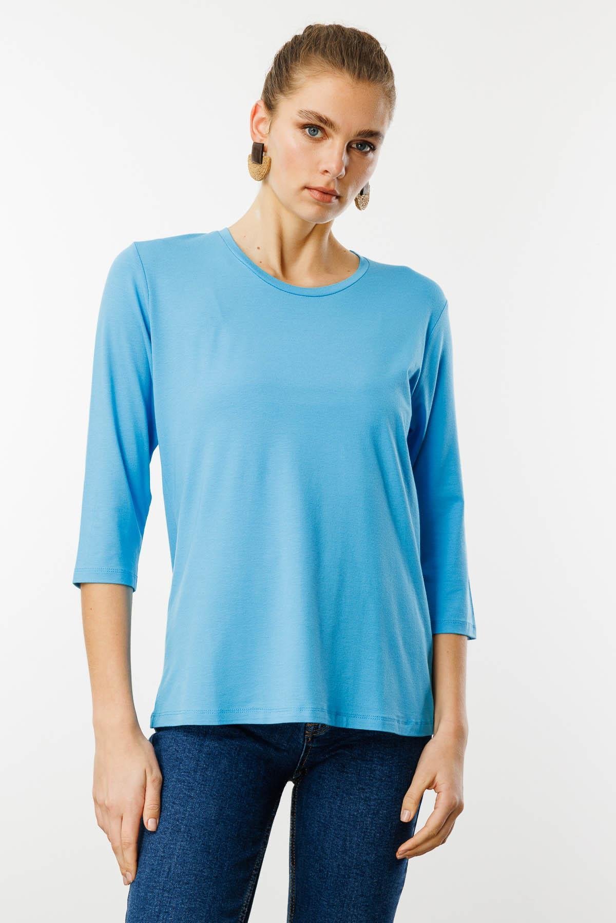 23790Kadın Sıfır Yaka Düz Penye Bluz Mavi