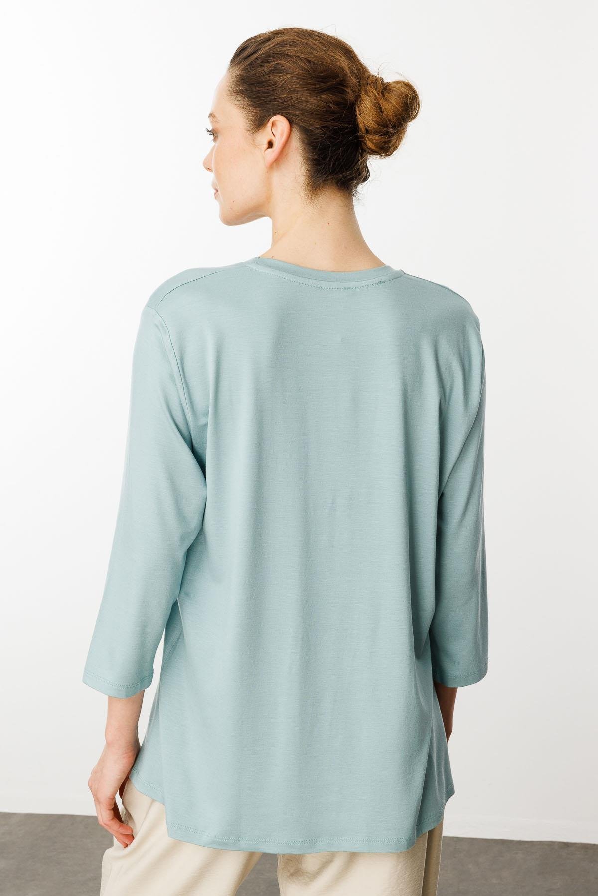 23790Kadın Sıfır Yaka Düz Penye Bluz Mint
