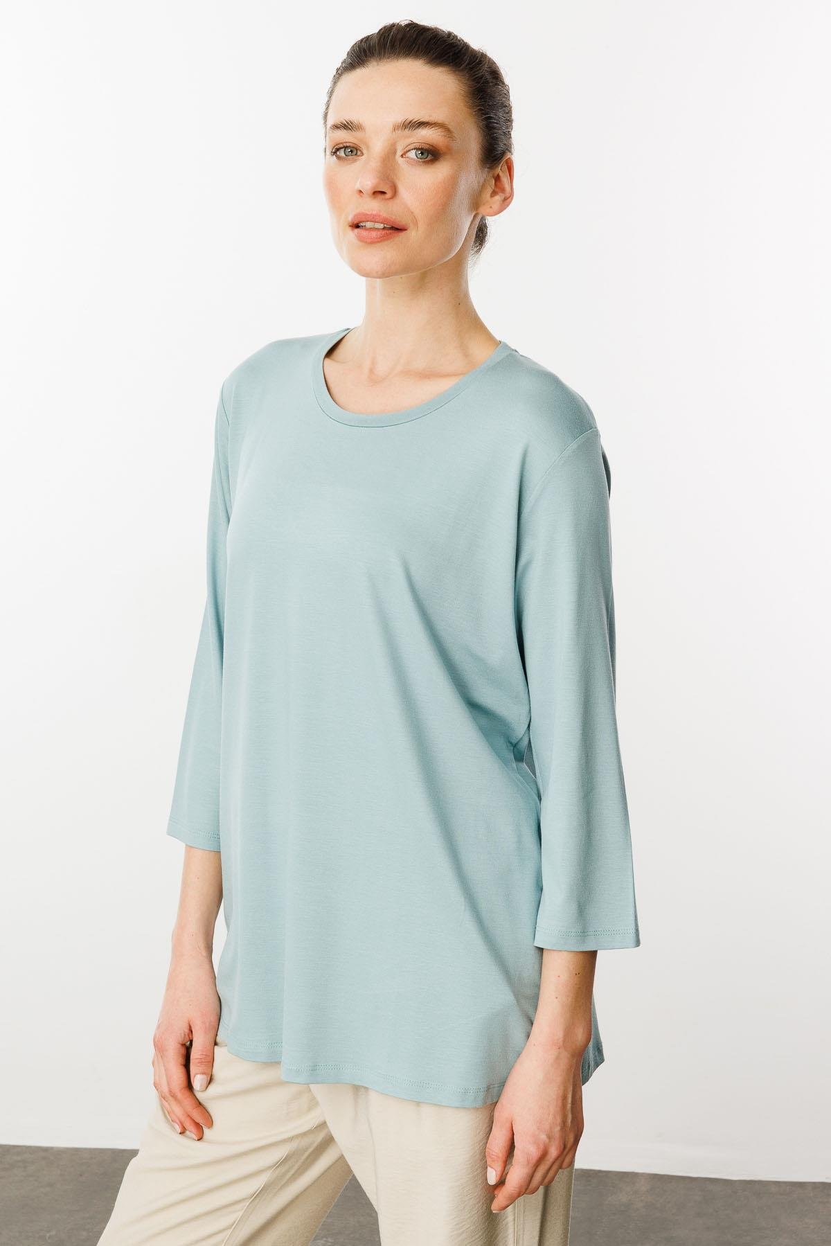 23790Kadın Sıfır Yaka Düz Penye Bluz Mint