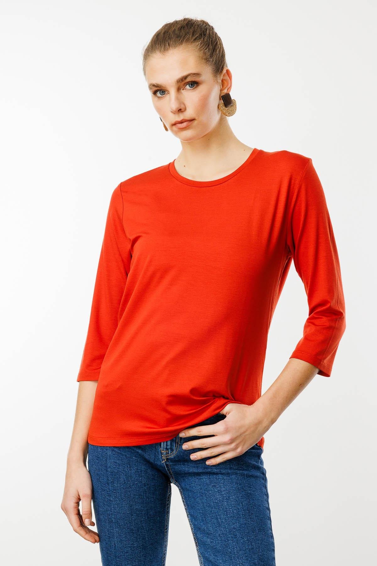 23790Kadın Sıfır Yaka Düz Penye Bluz Oranj
