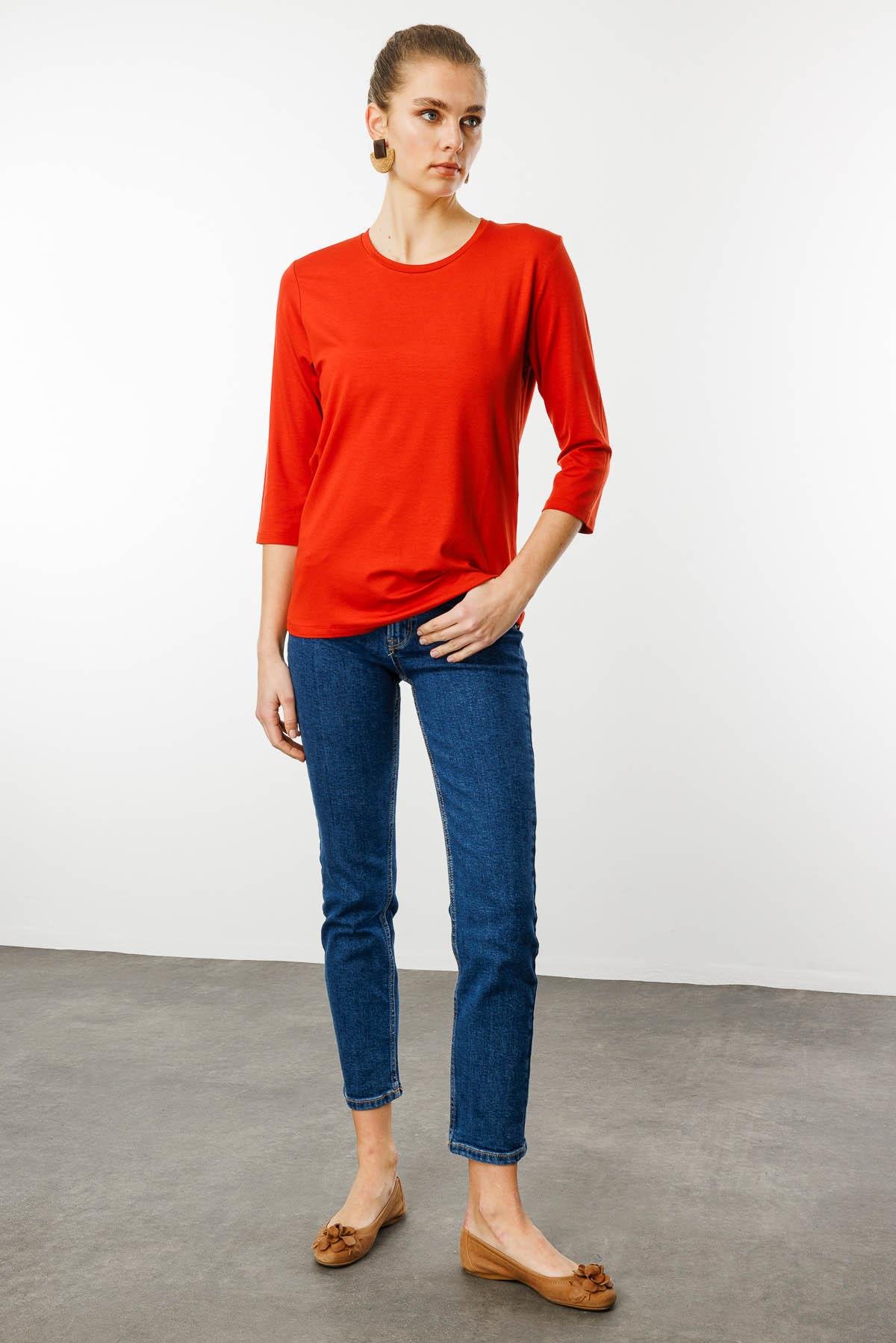 23790Kadın Sıfır Yaka Düz Penye Bluz Oranj