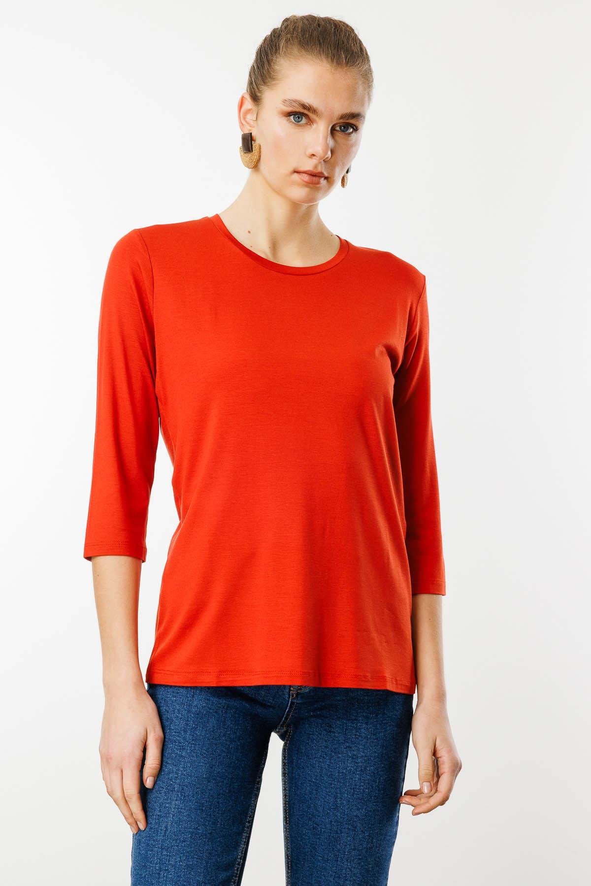 23790Kadın Sıfır Yaka Düz Penye Bluz Oranj