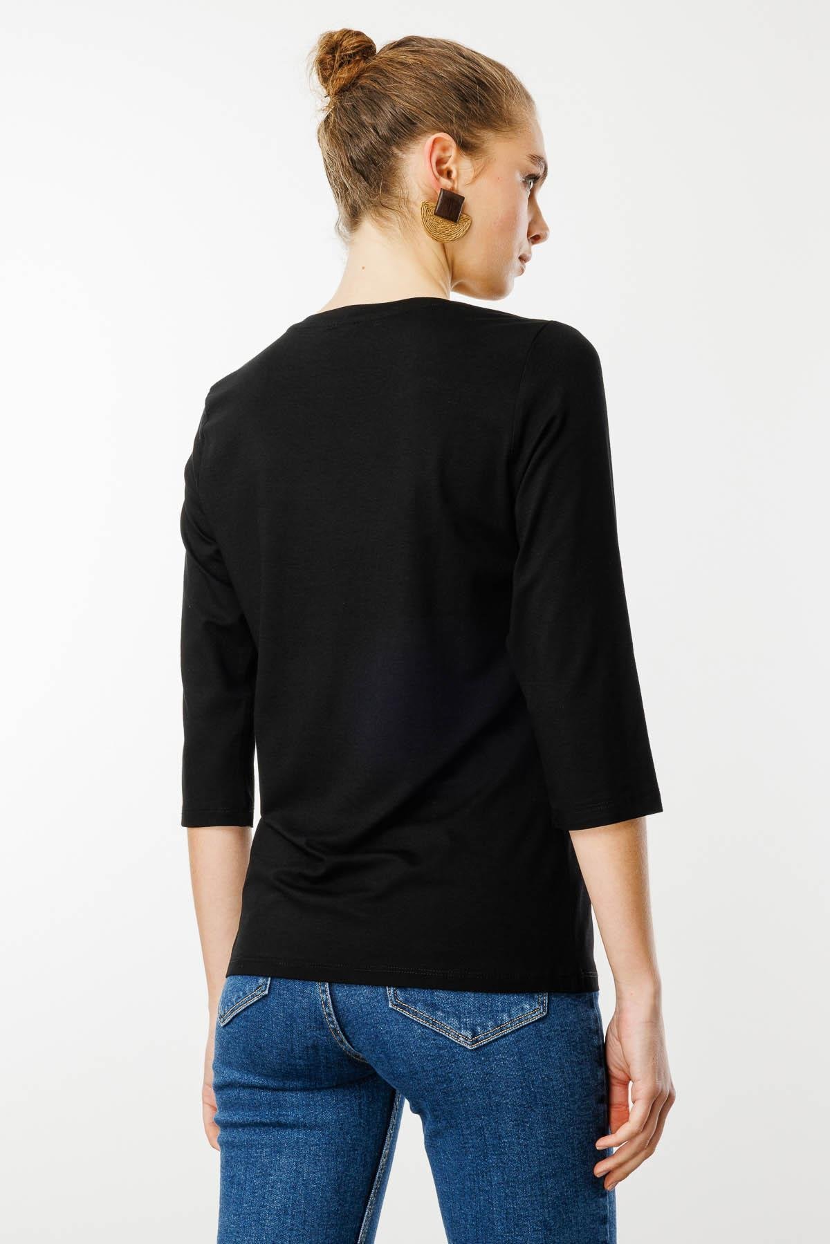 23790Kadın Sıfır Yaka Düz Penye Bluz Siyah