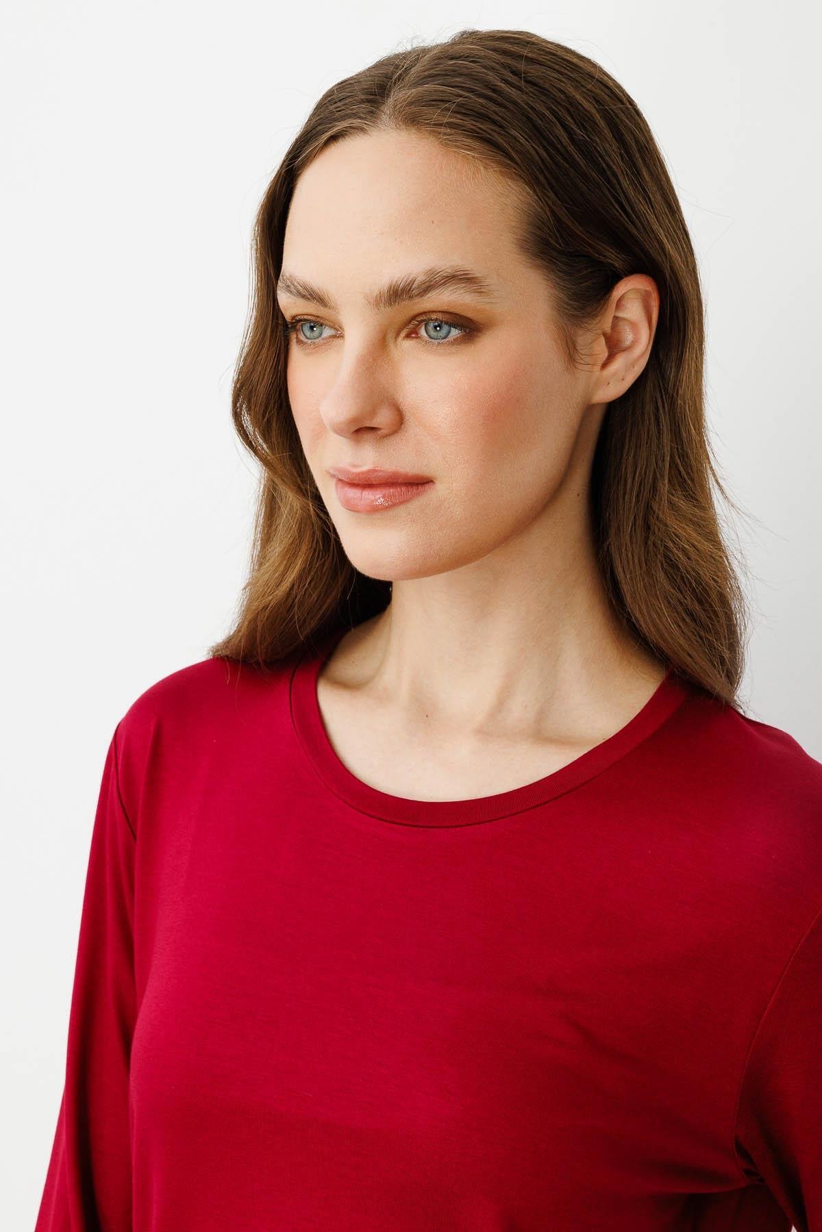 23790Kadın Sıfır Yaka Düz Penye Bluz Vişne