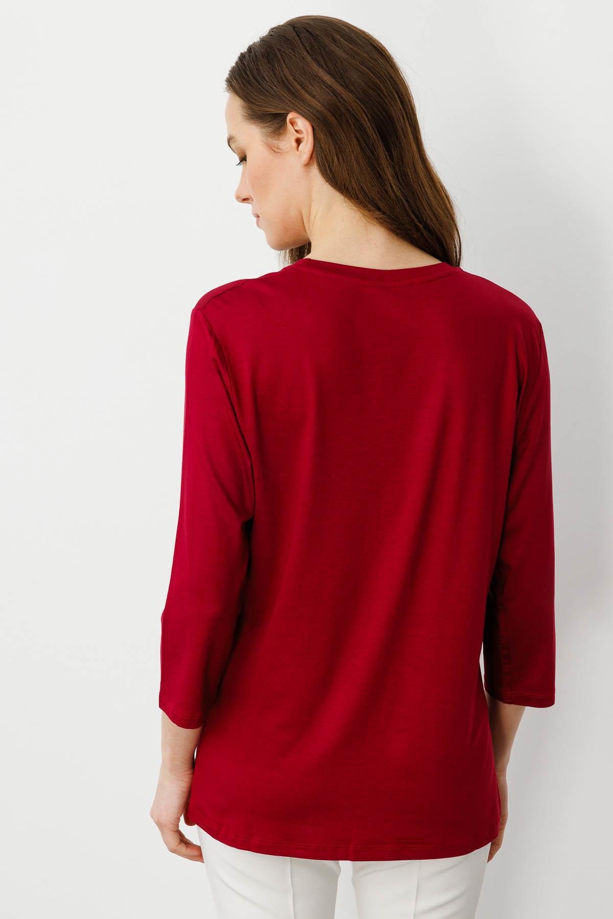 23790Kadın Sıfır Yaka Düz Penye Bluz Vişne