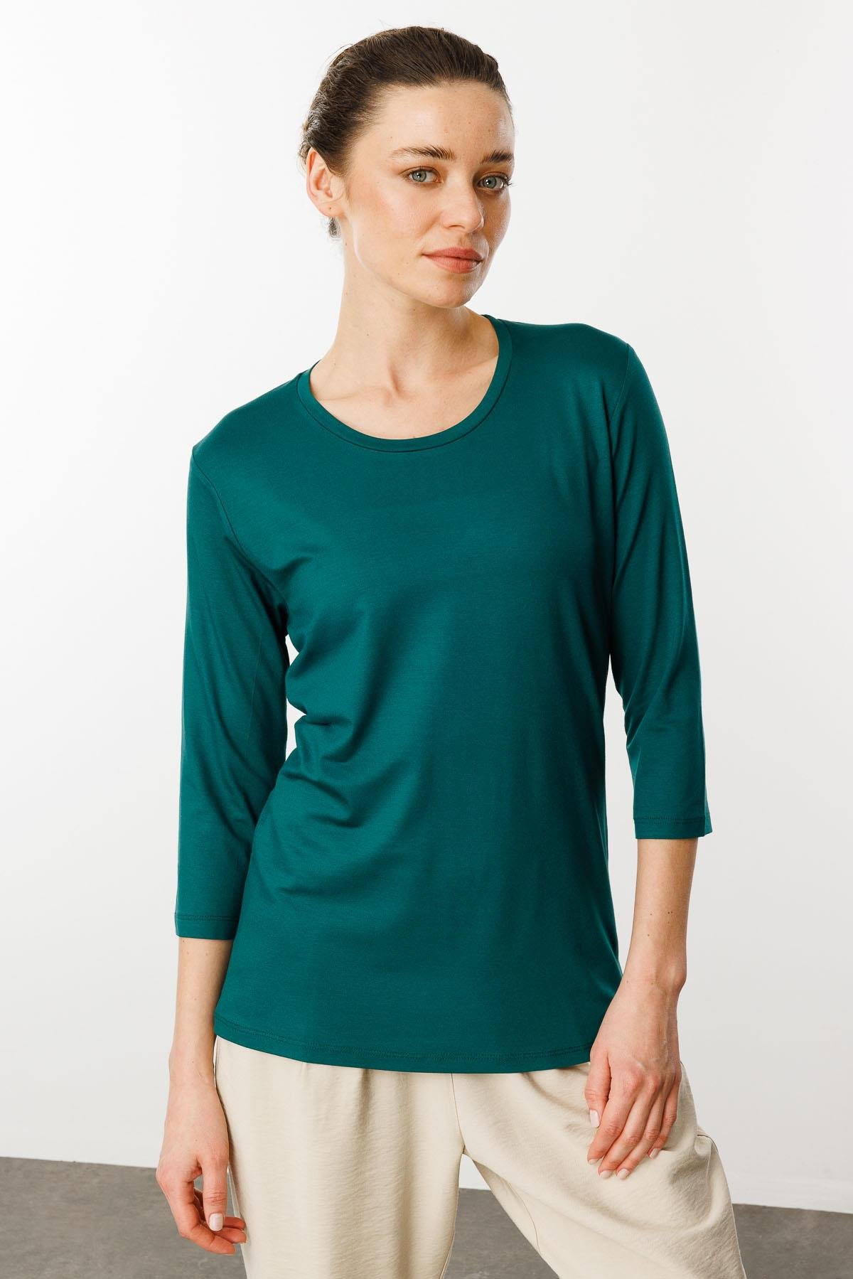 23790Kadın Sıfır Yaka Düz Penye Bluz Yeşil