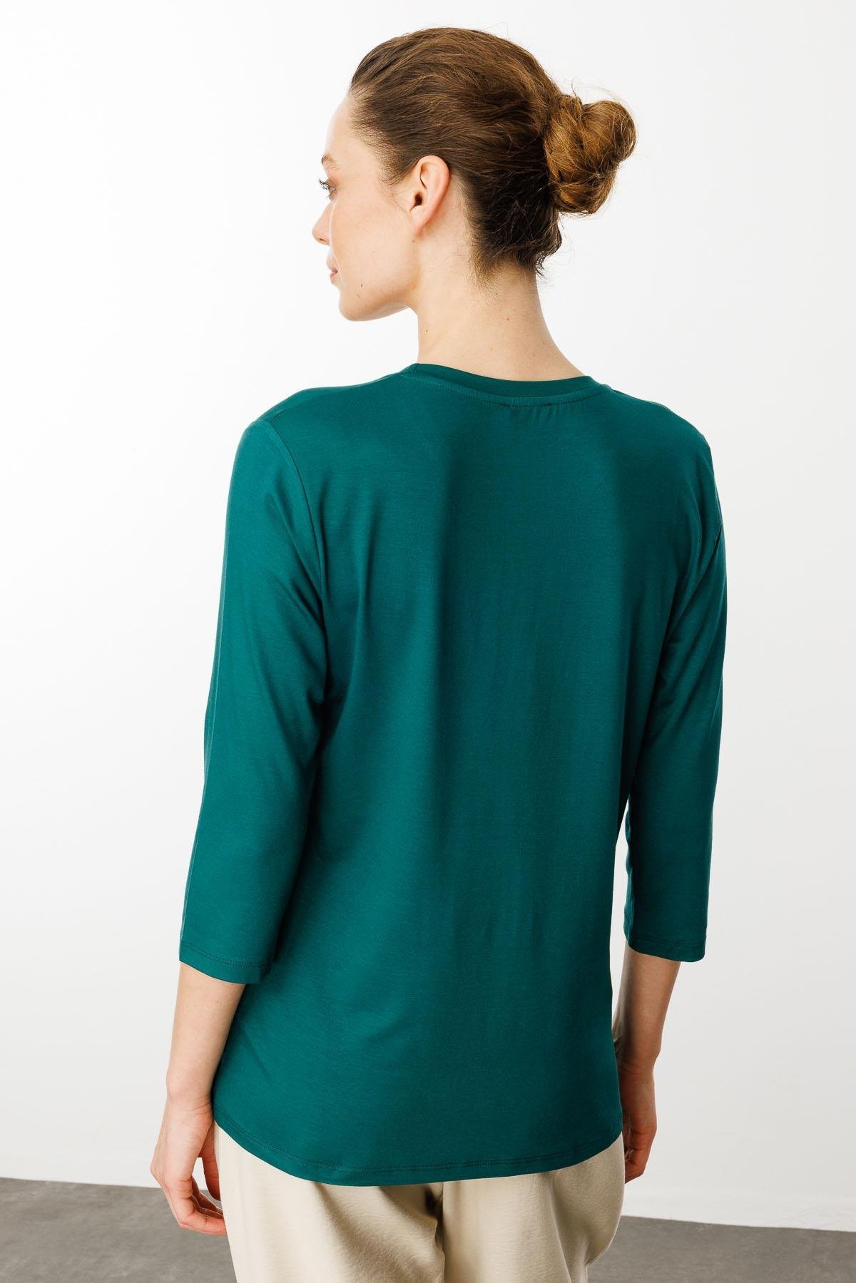 23790Kadın Sıfır Yaka Düz Penye Bluz Yeşil