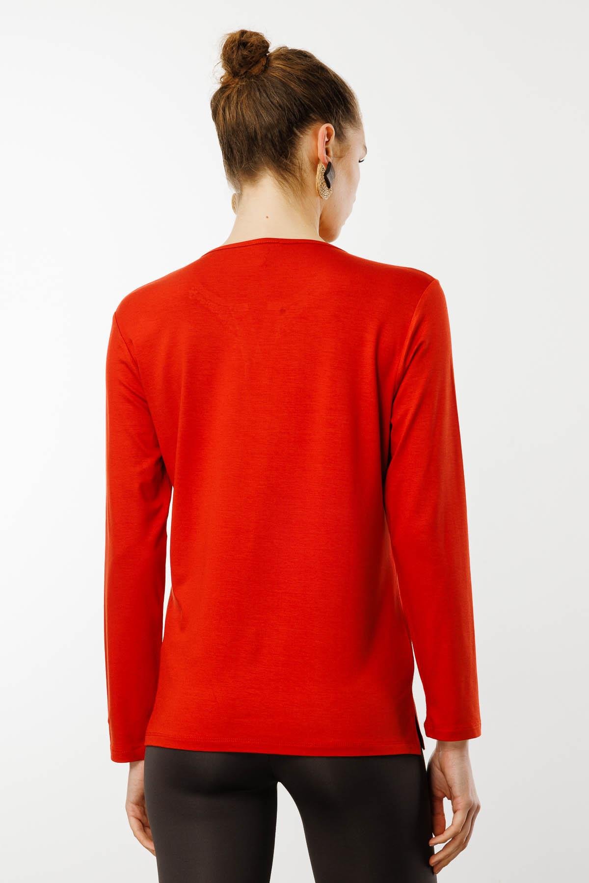 25705Kadın Sıfır Yaka El Nakışı İşlemeli Bluz Oranj