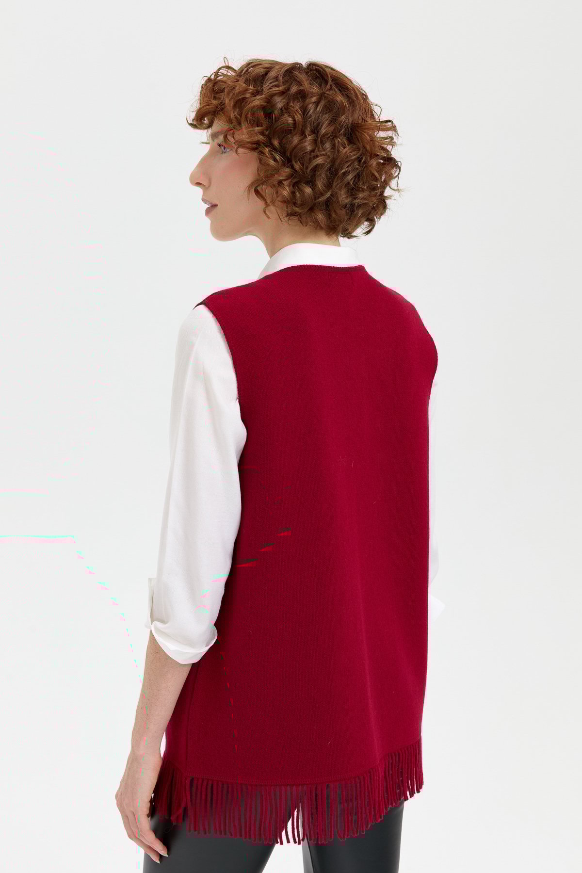 24010Kadın Sıfır Yaka Eteği İşlemeli Yün Yelek V.Çürüğü