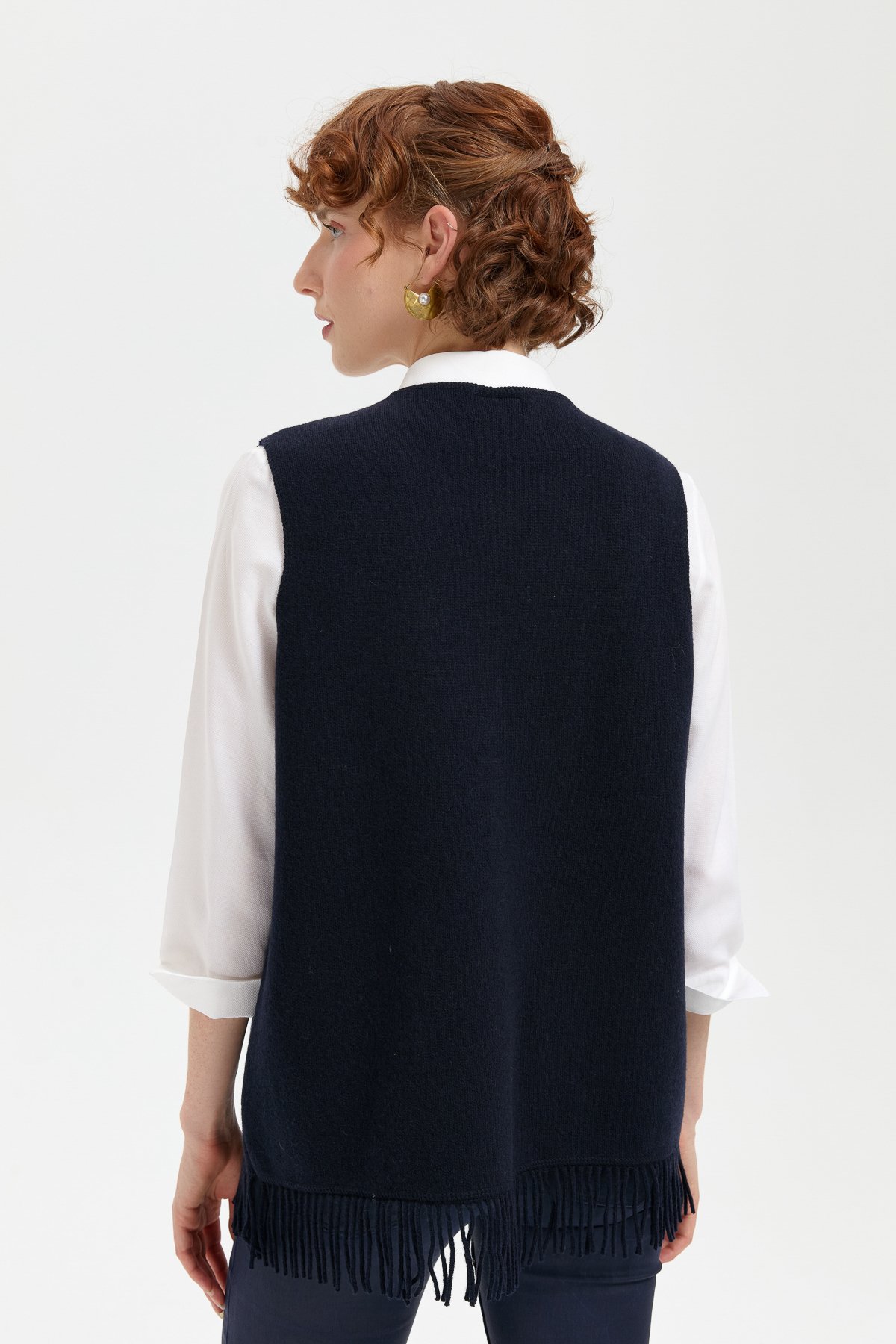 24010Kadın Sıfır Yaka Eteği İşlemeli Yün Yelek K.Lacivert