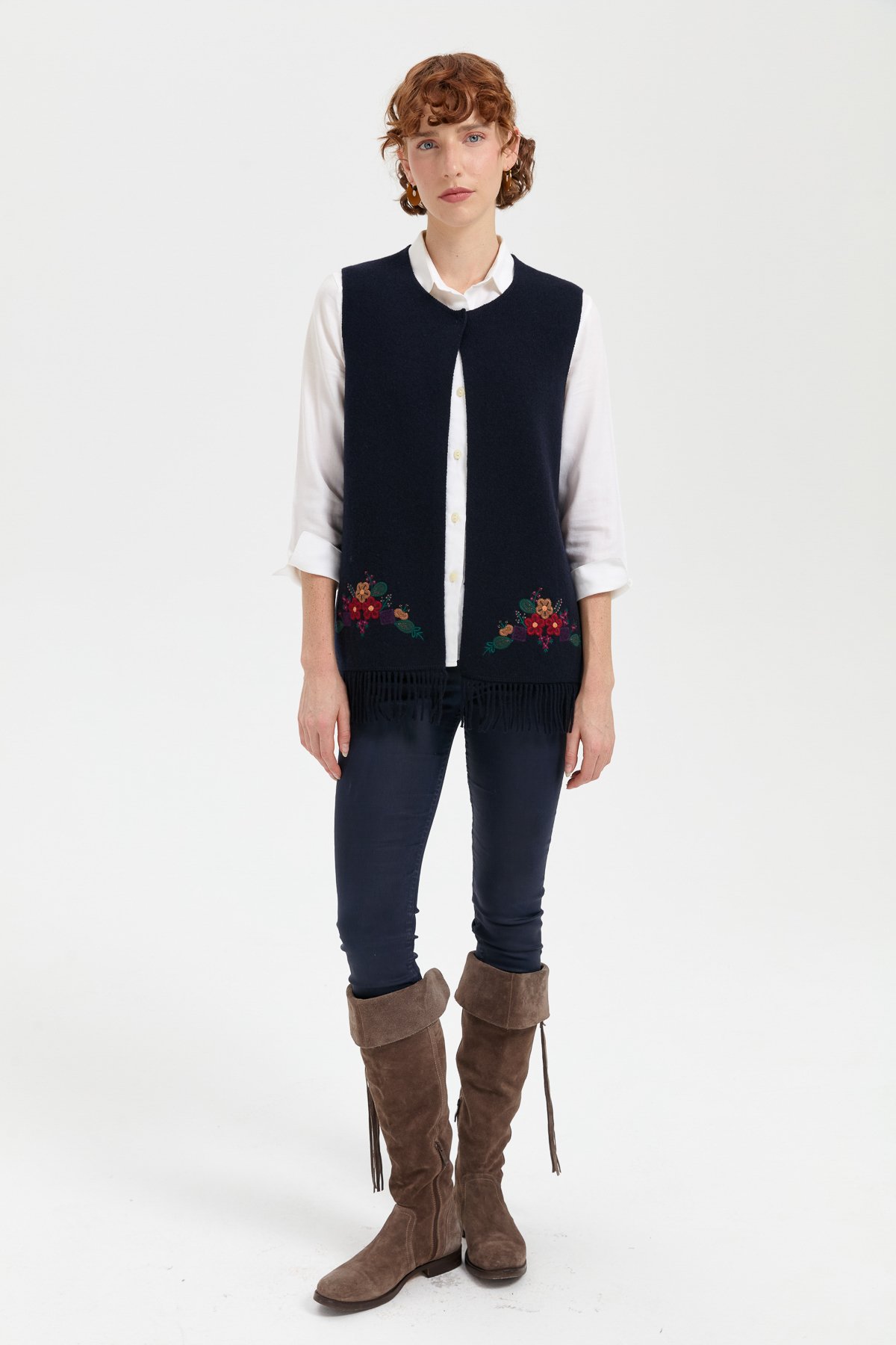 24010Kadın Sıfır Yaka Eteği İşlemeli Yün Yelek K.Lacivert