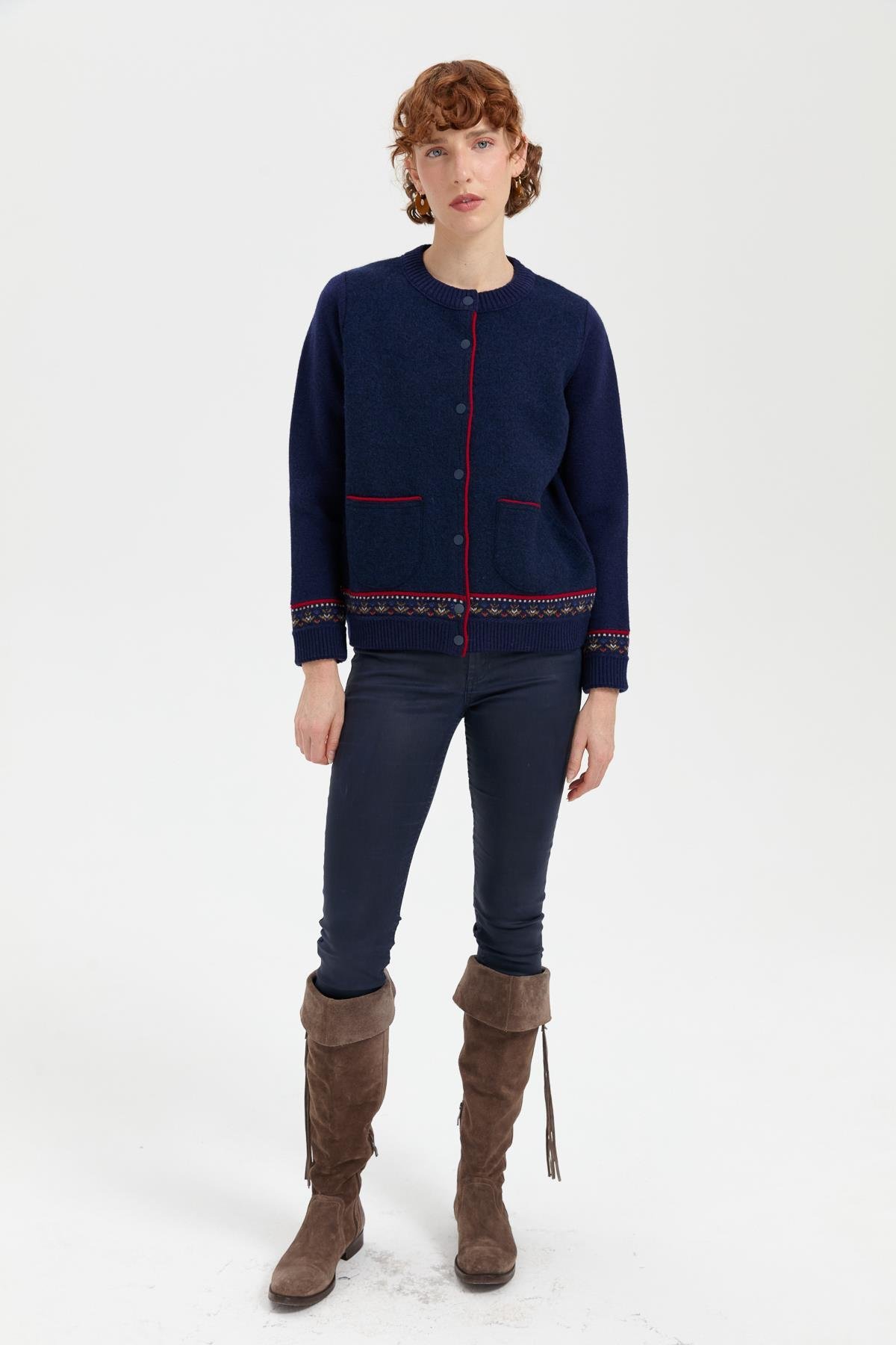 24085Kadın Sıfır Yaka Eteği ve Kol Ucu Desenli Yün Ceket Y.A.Lacivert