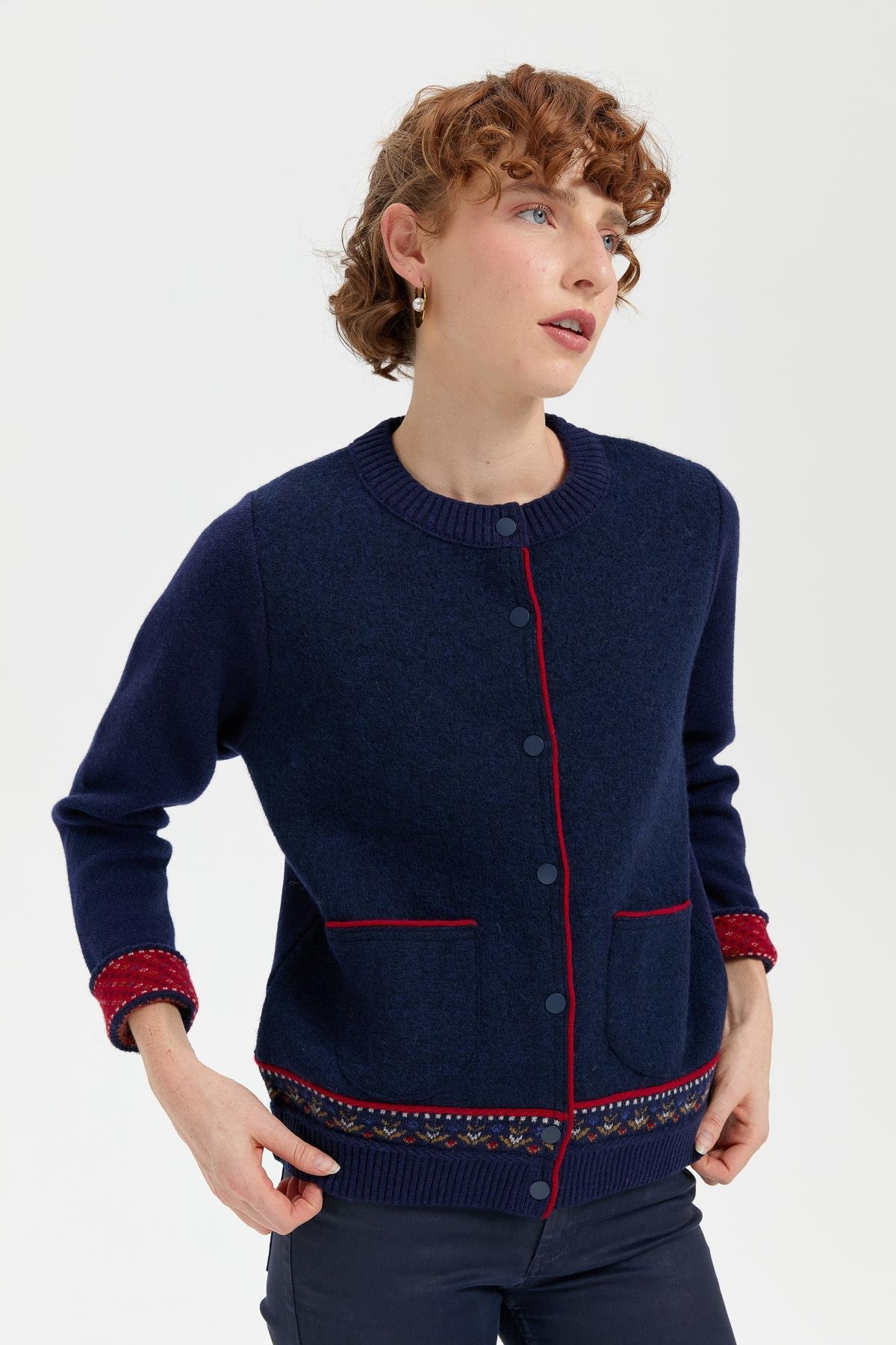 24085Kadın Sıfır Yaka Eteği ve Kol Ucu Desenli Yün Ceket Y.A.Lacivert