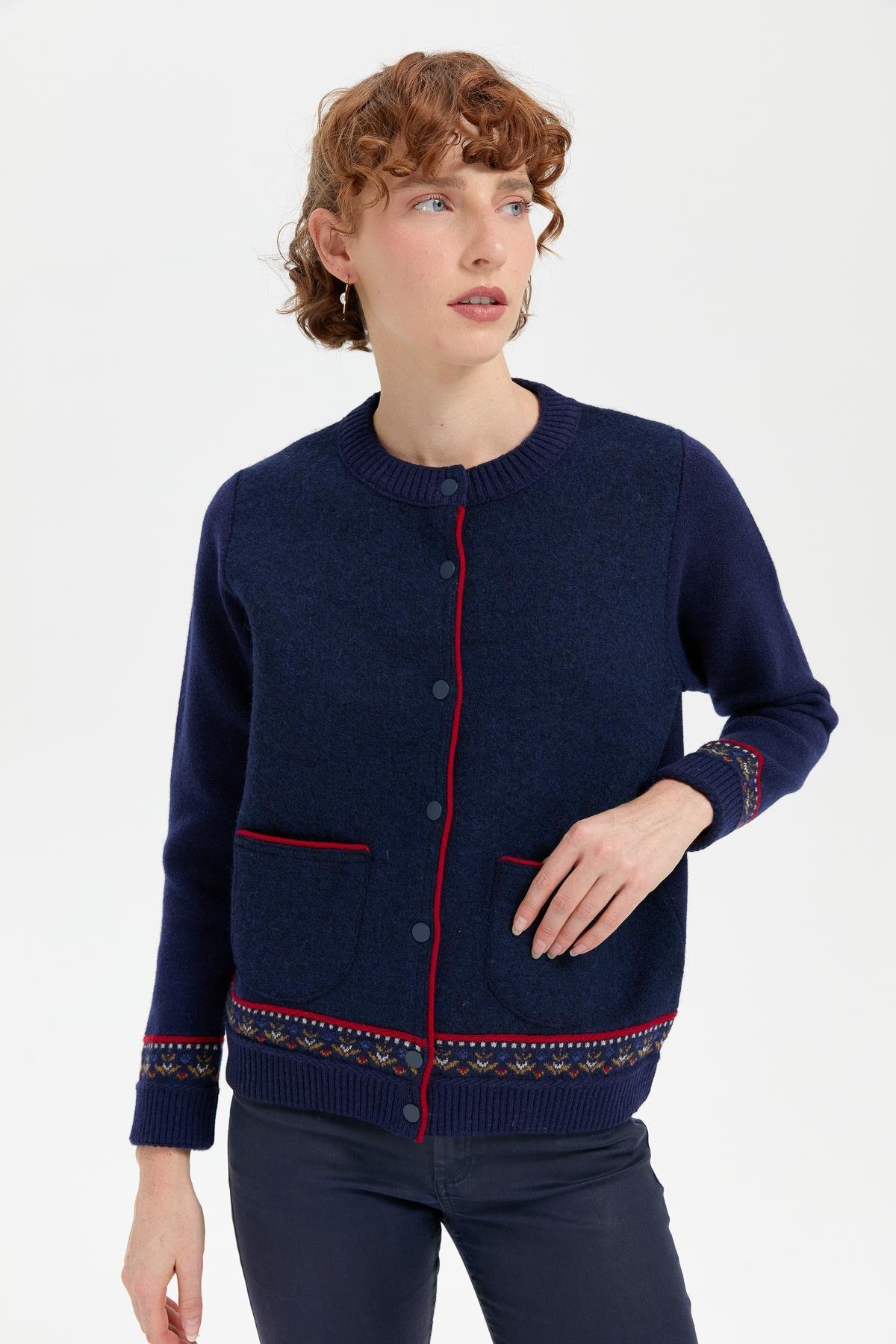 24085Kadın Sıfır Yaka Eteği ve Kol Ucu Desenli Yün Ceket Y.A.Lacivert