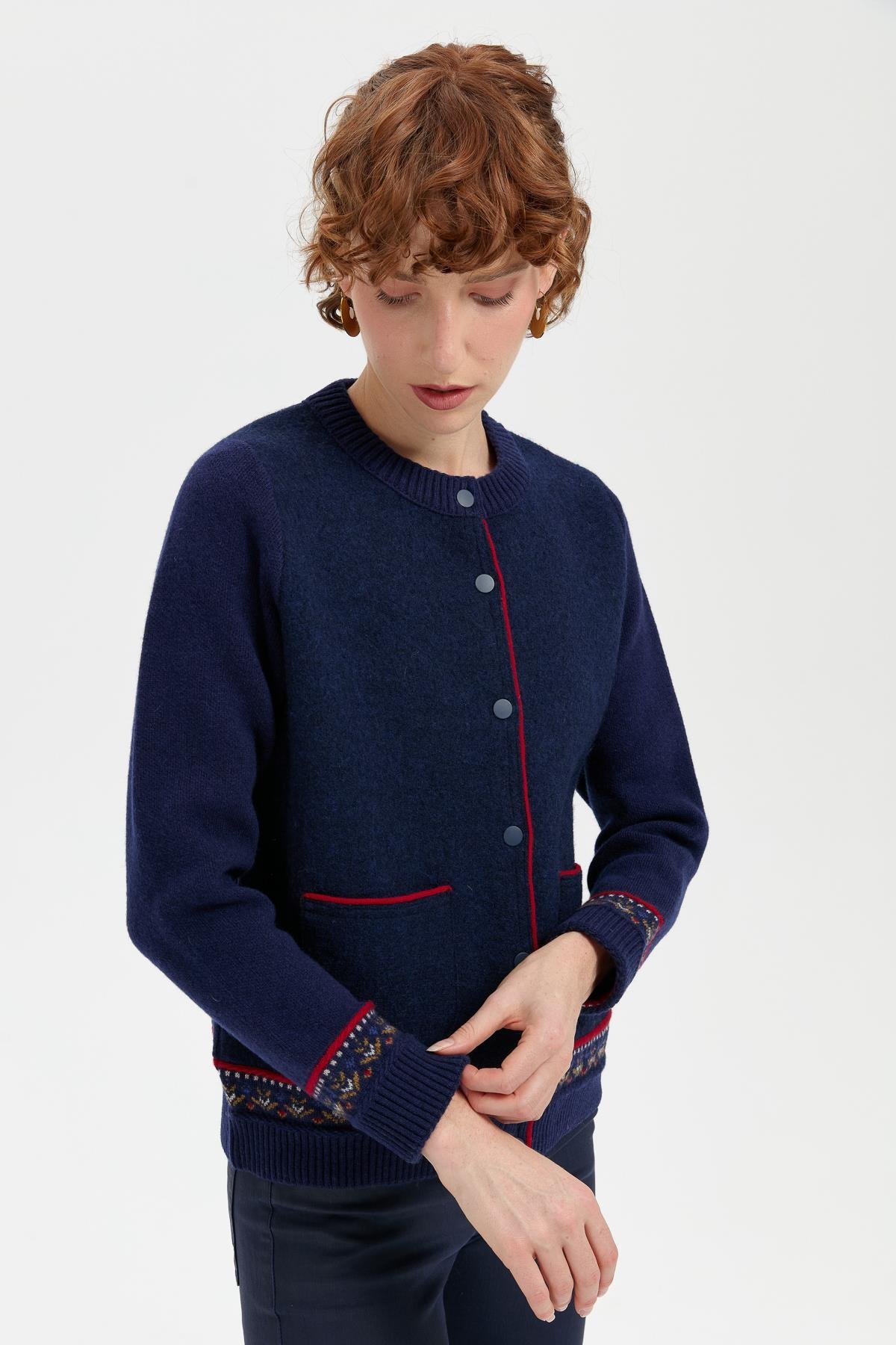 24085Kadın Sıfır Yaka Eteği ve Kol Ucu Desenli Yün Ceket Y.A.Lacivert