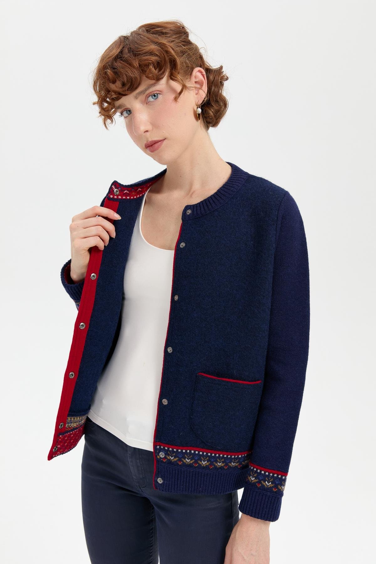 24085Kadın Sıfır Yaka Eteği ve Kol Ucu Desenli Yün Ceket Y.A.Lacivert