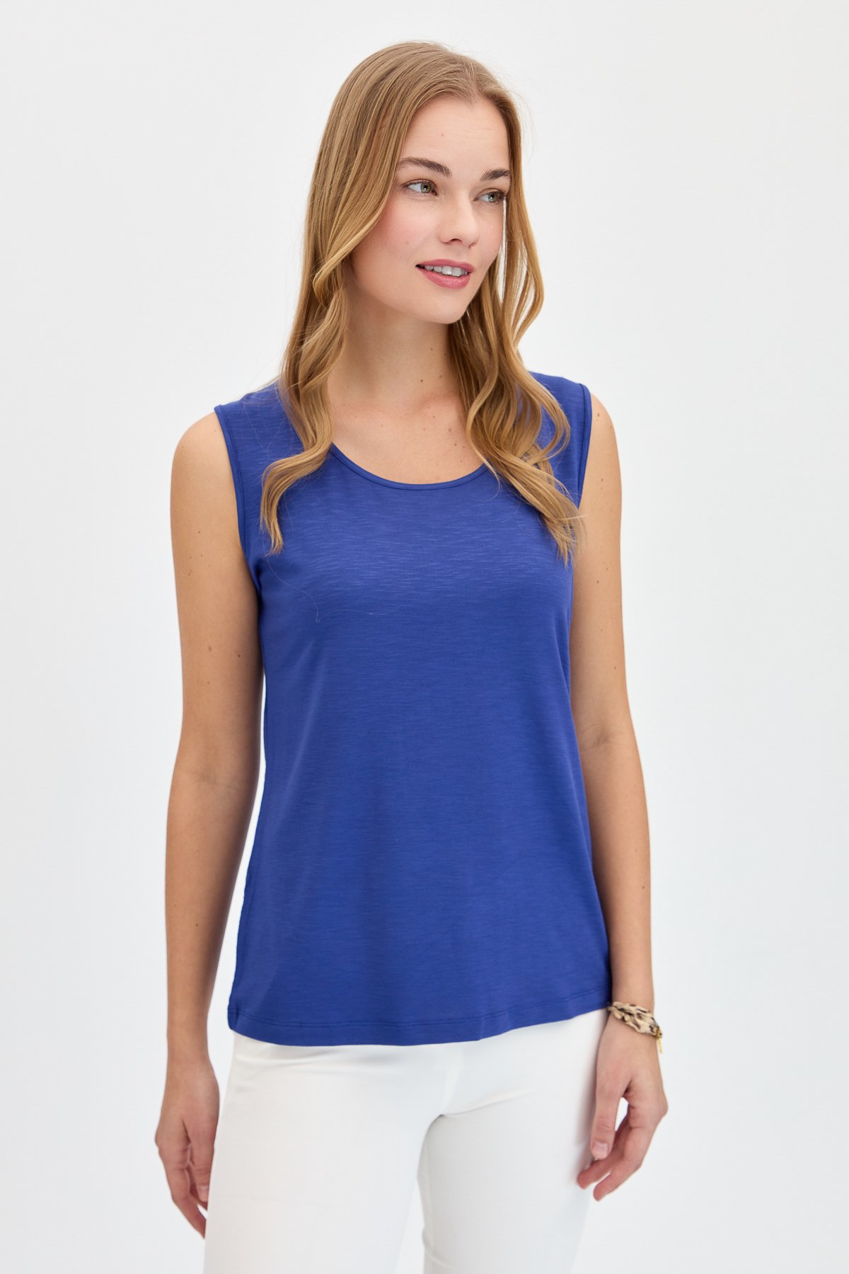 KMY24086Kadın Sıfır Yaka Flamlı Kumaş Basic Askılı Tshirt İndigo