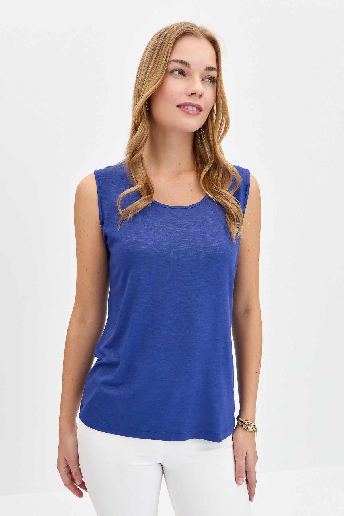 KMY24086Kadın Sıfır Yaka Flamlı Kumaş Basic Askılı Tshirt İndigo