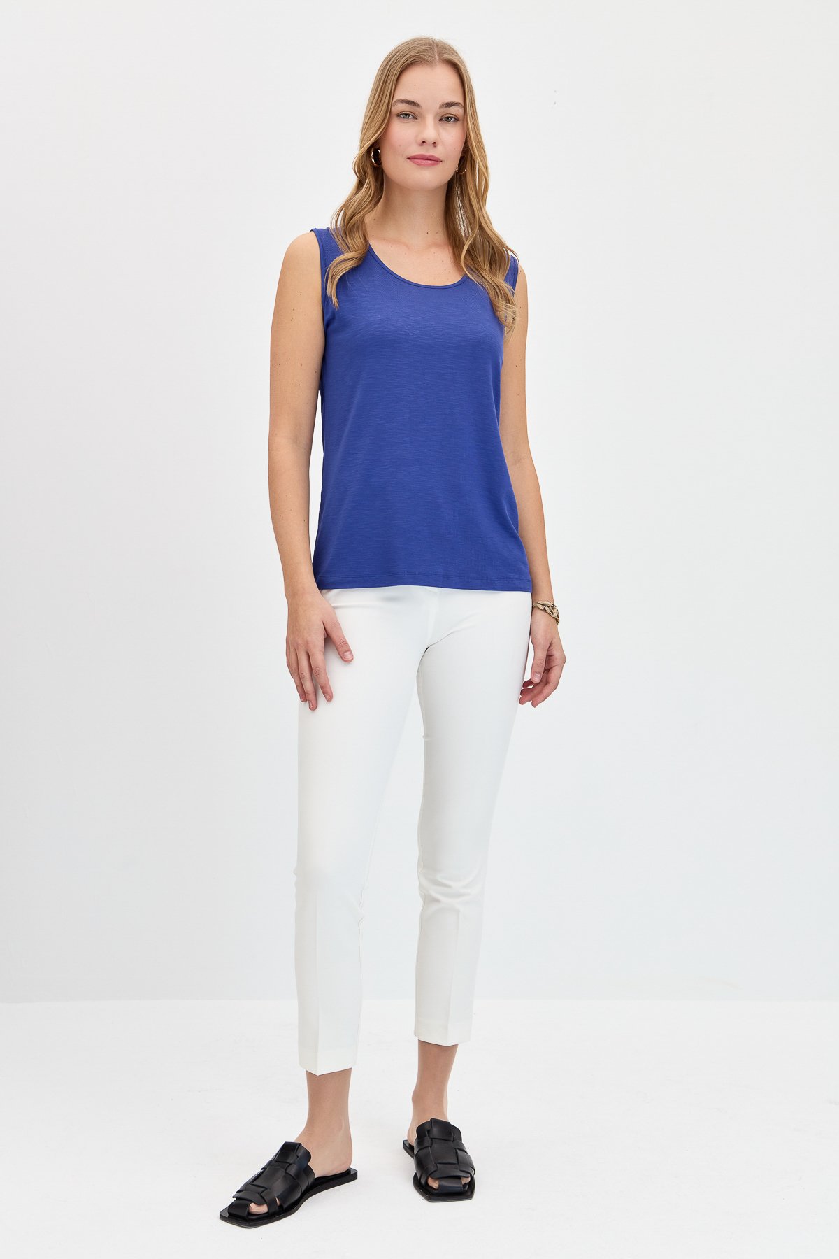 KMY24086Kadın Sıfır Yaka Flamlı Kumaş Basic Askılı Tshirt İndigo