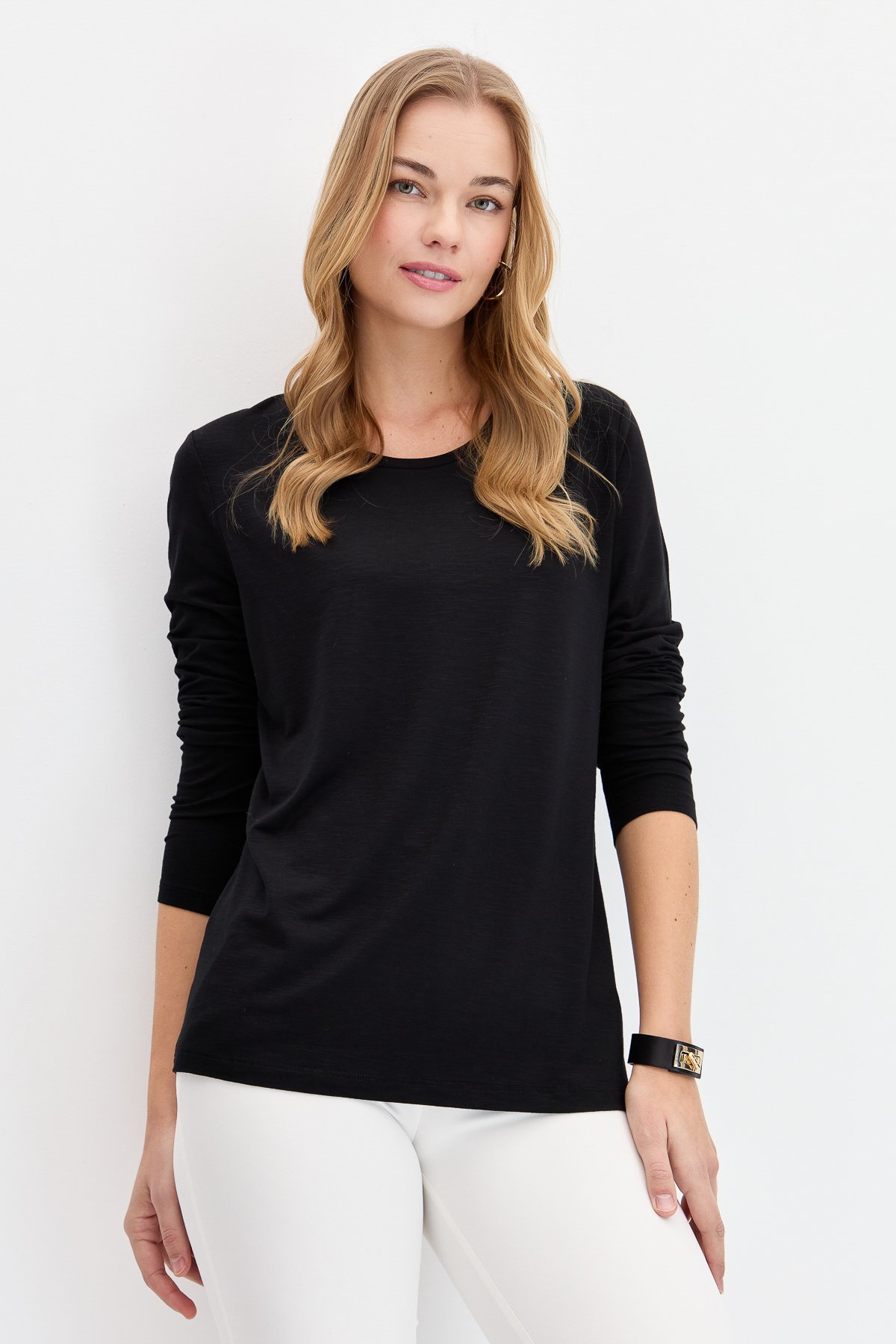 KMY24093Kadın Sıfır Yaka Flamlı Kumaş Basic Penye Bluz Siyah