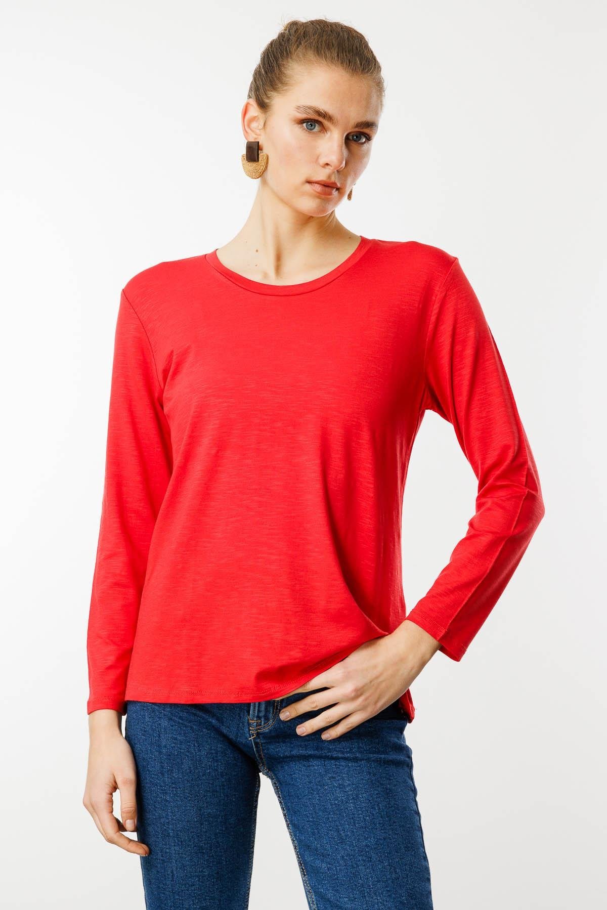 KMY24093Kadın Sıfır Yaka Flamlı Kumaş Basic Penye Bluz Mercan