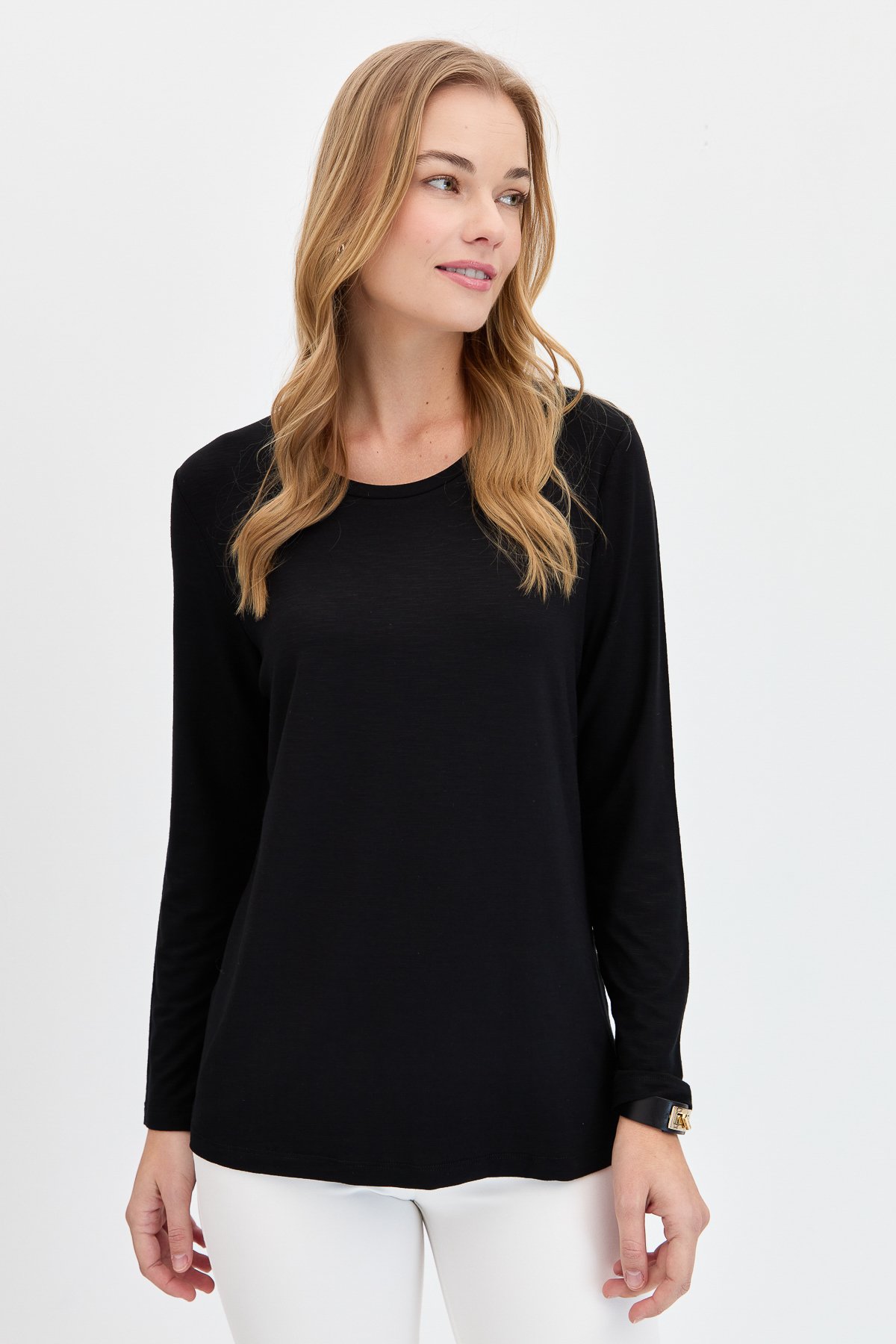 KMY24093Kadın Sıfır Yaka Flamlı Kumaş Basic Penye Bluz Siyah