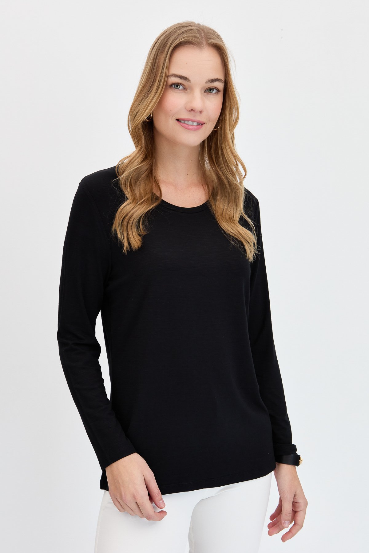 KMY24093Kadın Sıfır Yaka Flamlı Kumaş Basic Penye Bluz Siyah