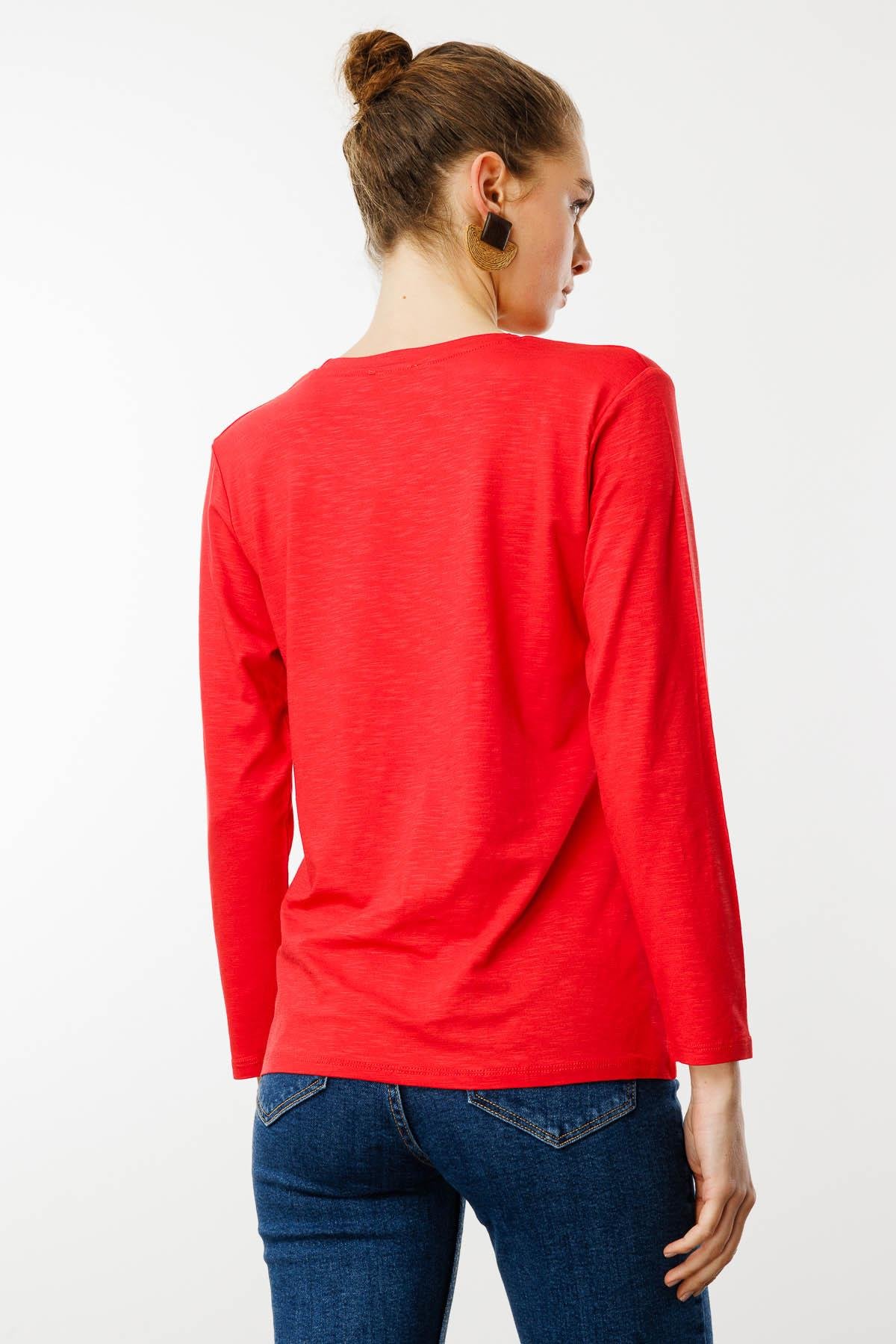 KMY24093Kadın Sıfır Yaka Flamlı Kumaş Basic Penye Bluz Mercan