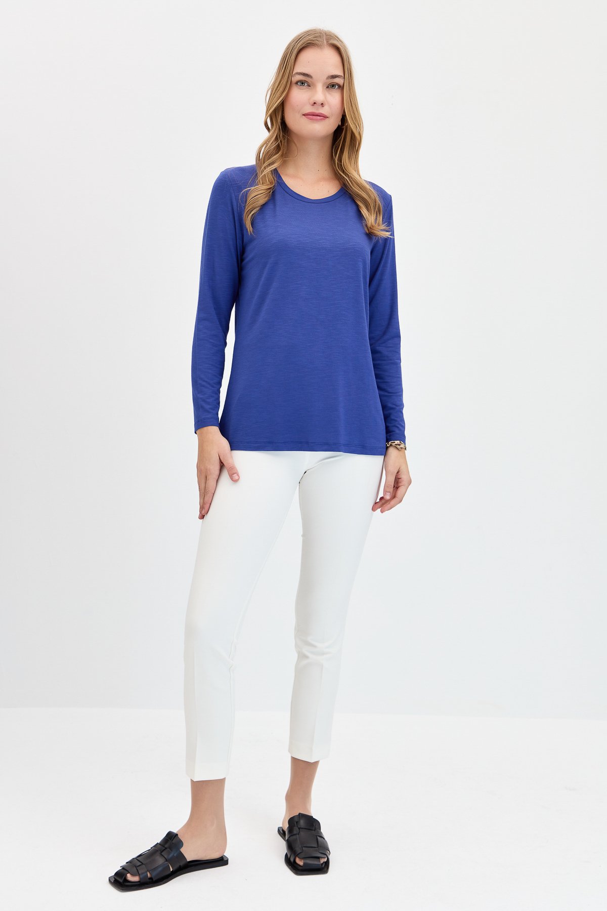 KMY24093Kadın Sıfır Yaka Flamlı Kumaş Basic Penye Bluz İndigo