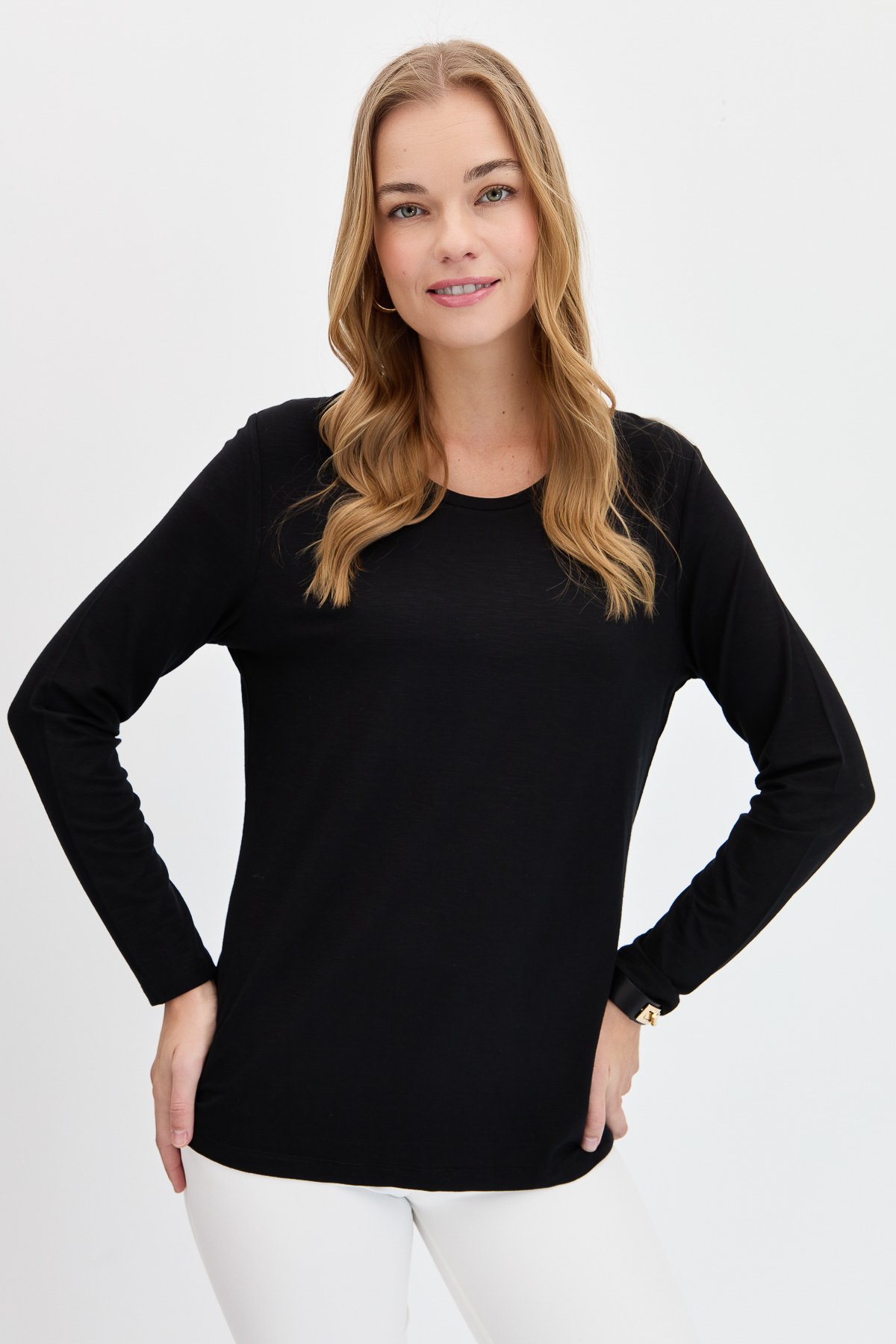 KMY24093Kadın Sıfır Yaka Flamlı Kumaş Basic Penye Bluz Siyah