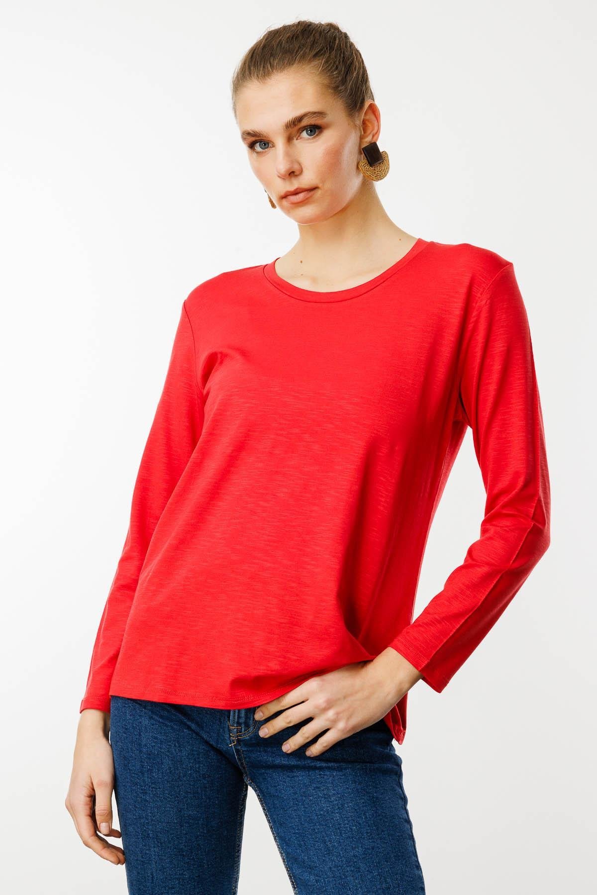 KMY24093Kadın Sıfır Yaka Flamlı Kumaş Basic Penye Bluz Mercan