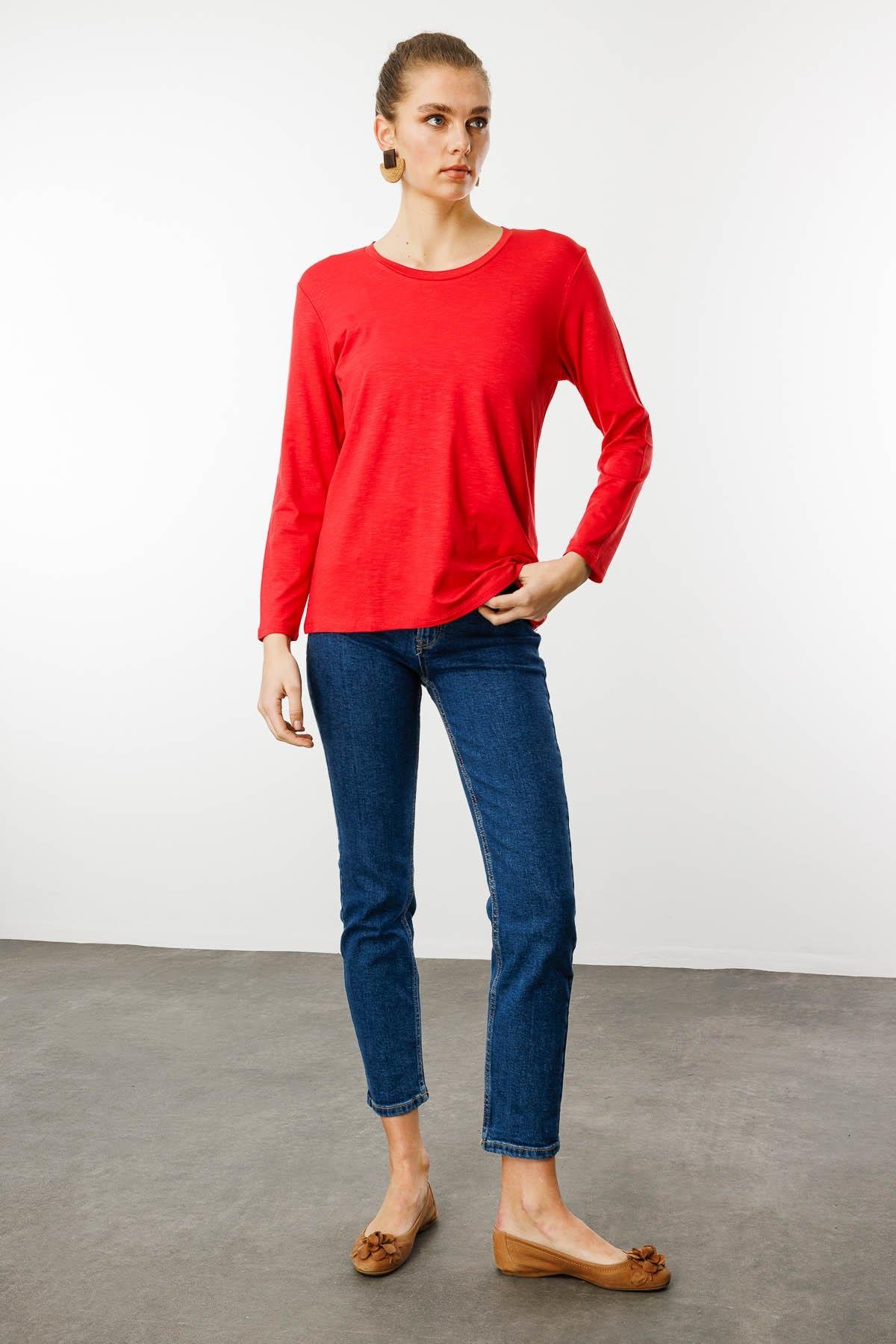 KMY24093Kadın Sıfır Yaka Flamlı Kumaş Basic Penye Bluz Mercan