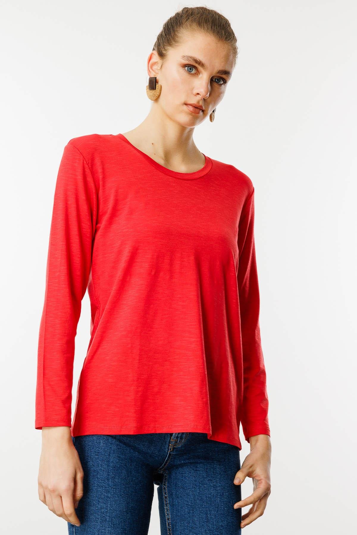 KMY24093Kadın Sıfır Yaka Flamlı Kumaş Basic Penye Bluz Mercan
