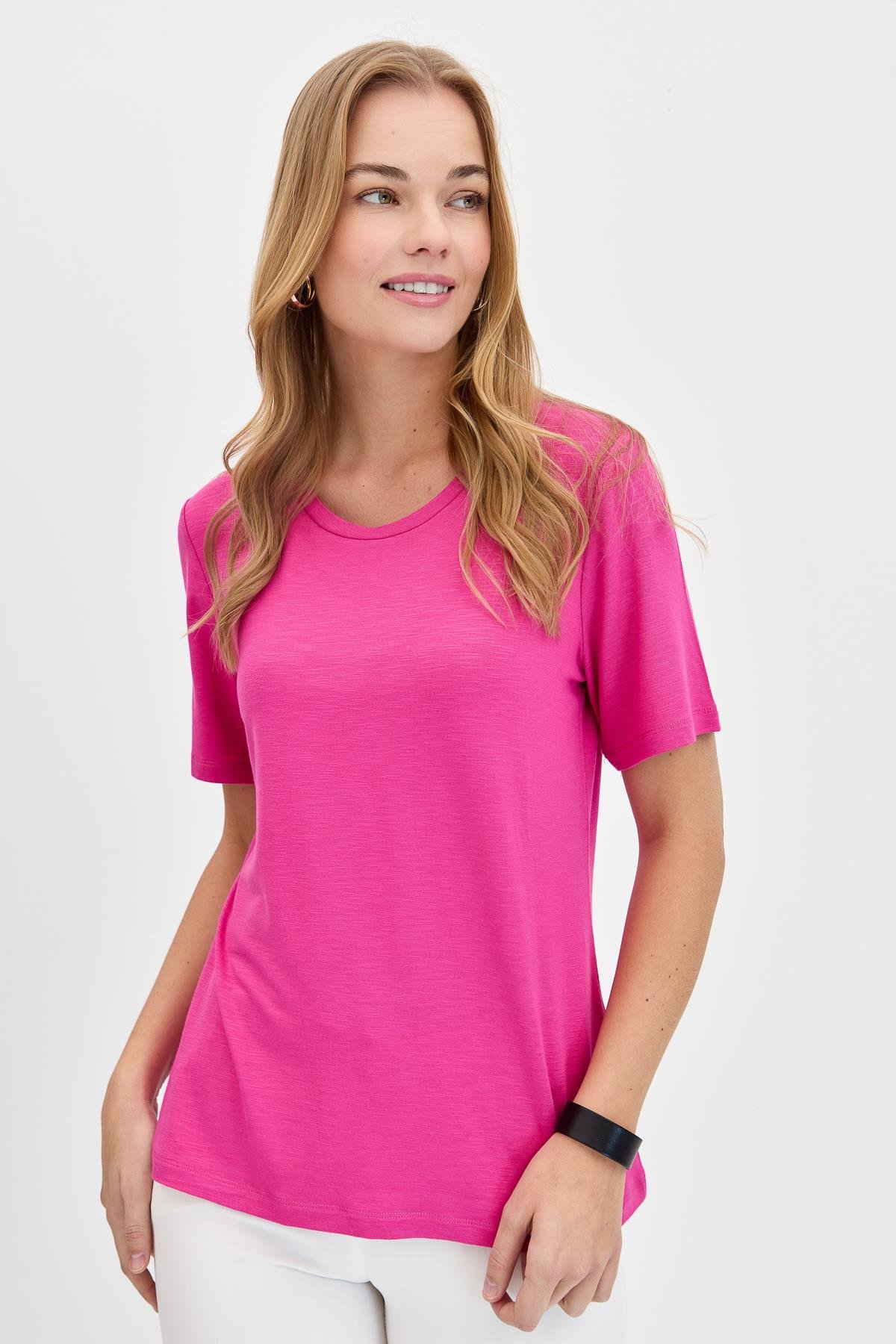 KMY24084Kadın Sıfır Yaka Flamlı Kumaş Penye Tshirt Fuşya