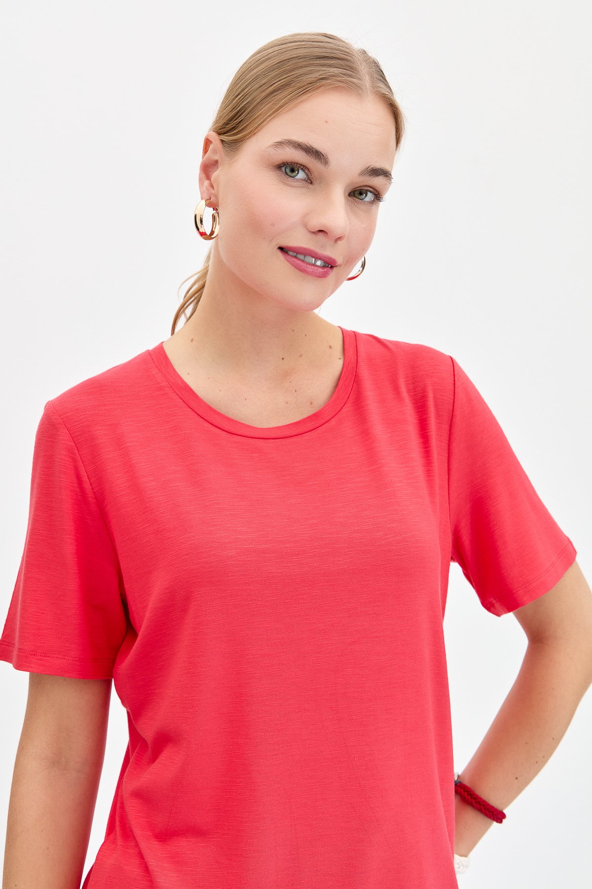 KMY24084Kadın Sıfır Yaka Flamlı Kumaş Penye Tshirt Mercan