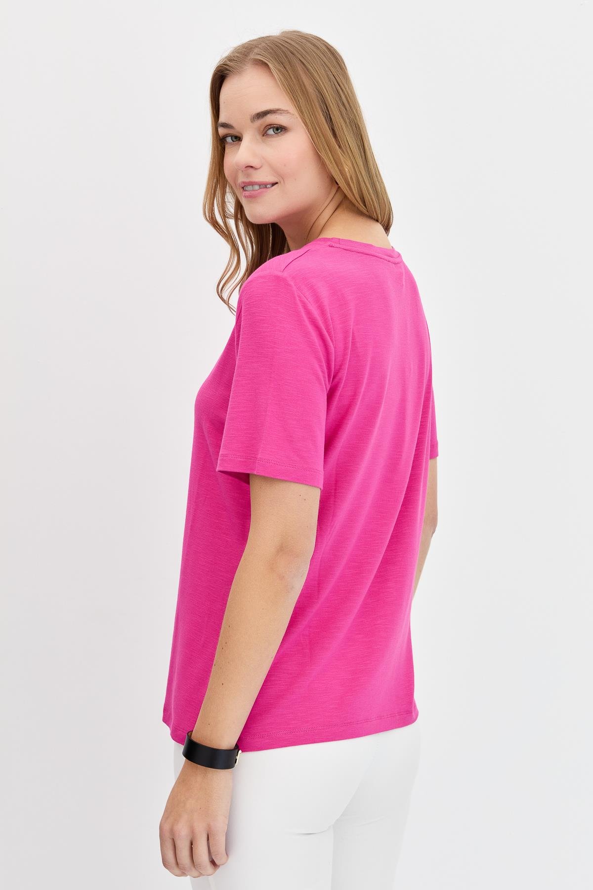 KMY24084Kadın Sıfır Yaka Flamlı Kumaş Penye Tshirt Fuşya