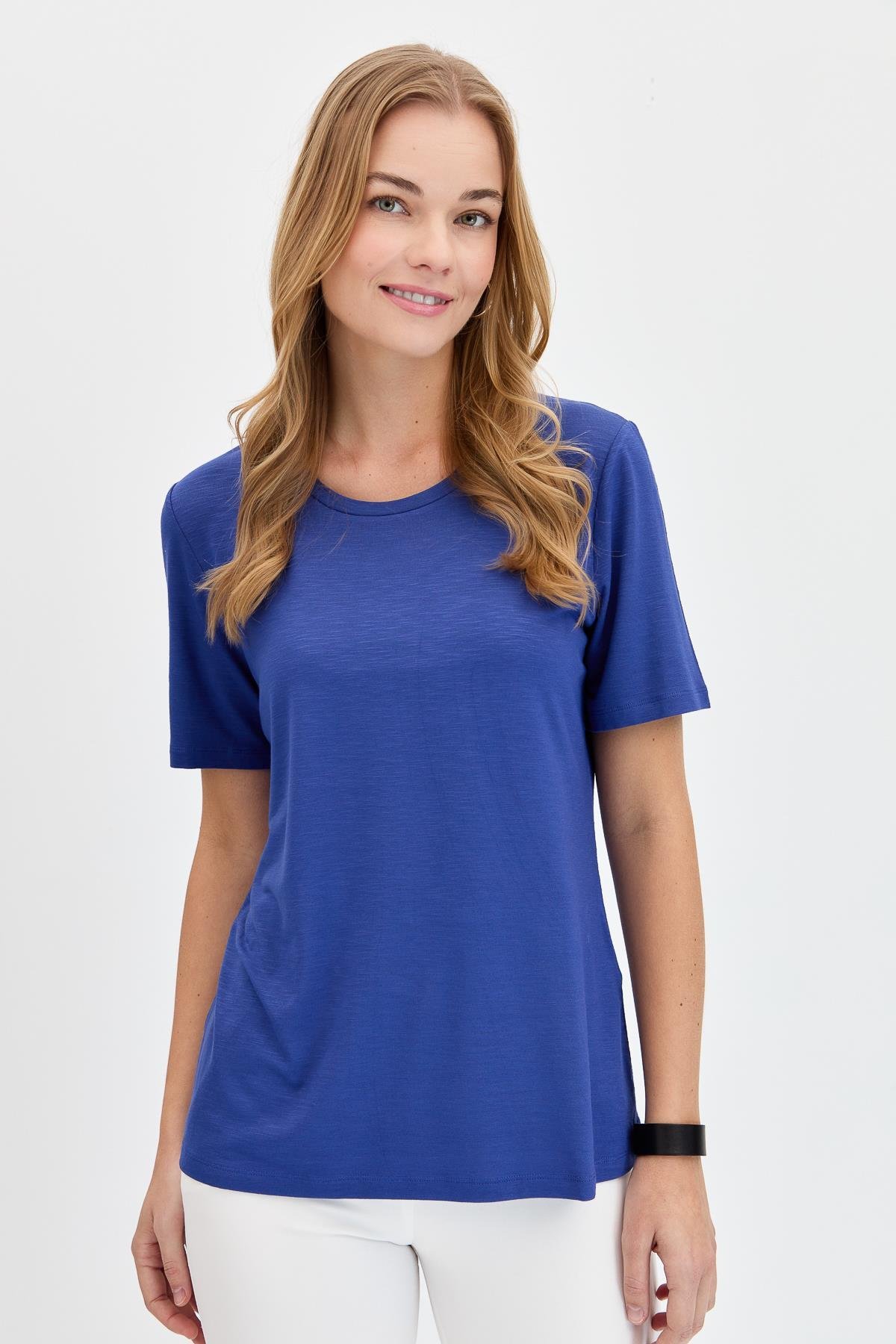 KMY24084Kadın Sıfır Yaka Flamlı Kumaş Penye Tshirt İndigo