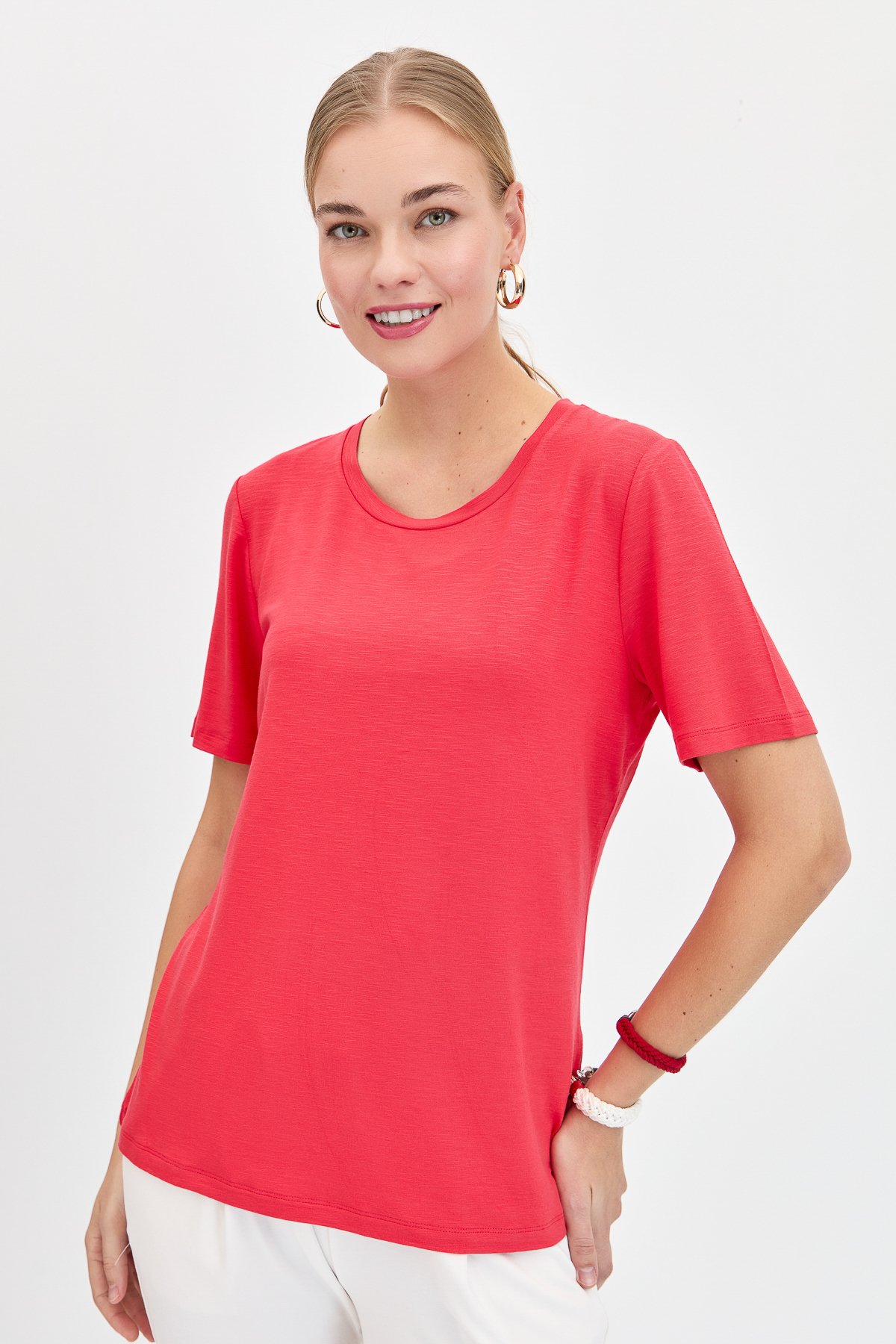 KMY24084Kadın Sıfır Yaka Flamlı Kumaş Penye Tshirt Mercan